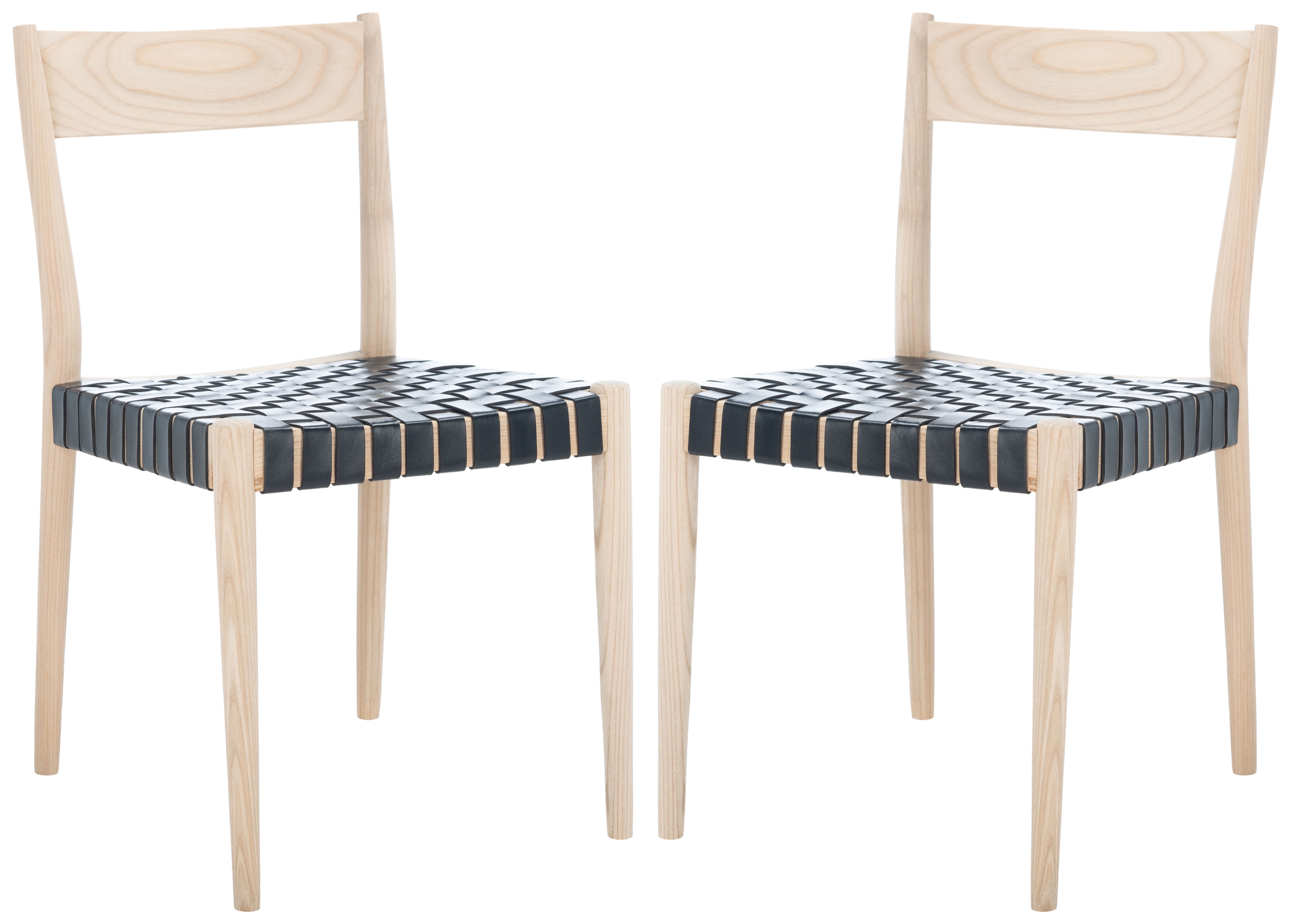 Modern Black Leather and Natural Wood Side Chair Set