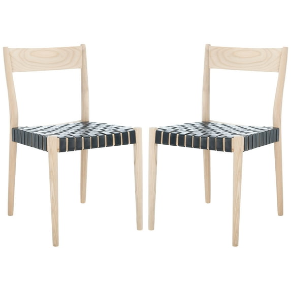 SAFAVIEH Eluned Leather Dining Chair, Black/Natural, Set of 2 (18.5 in. W x D x 31.5 in. H)