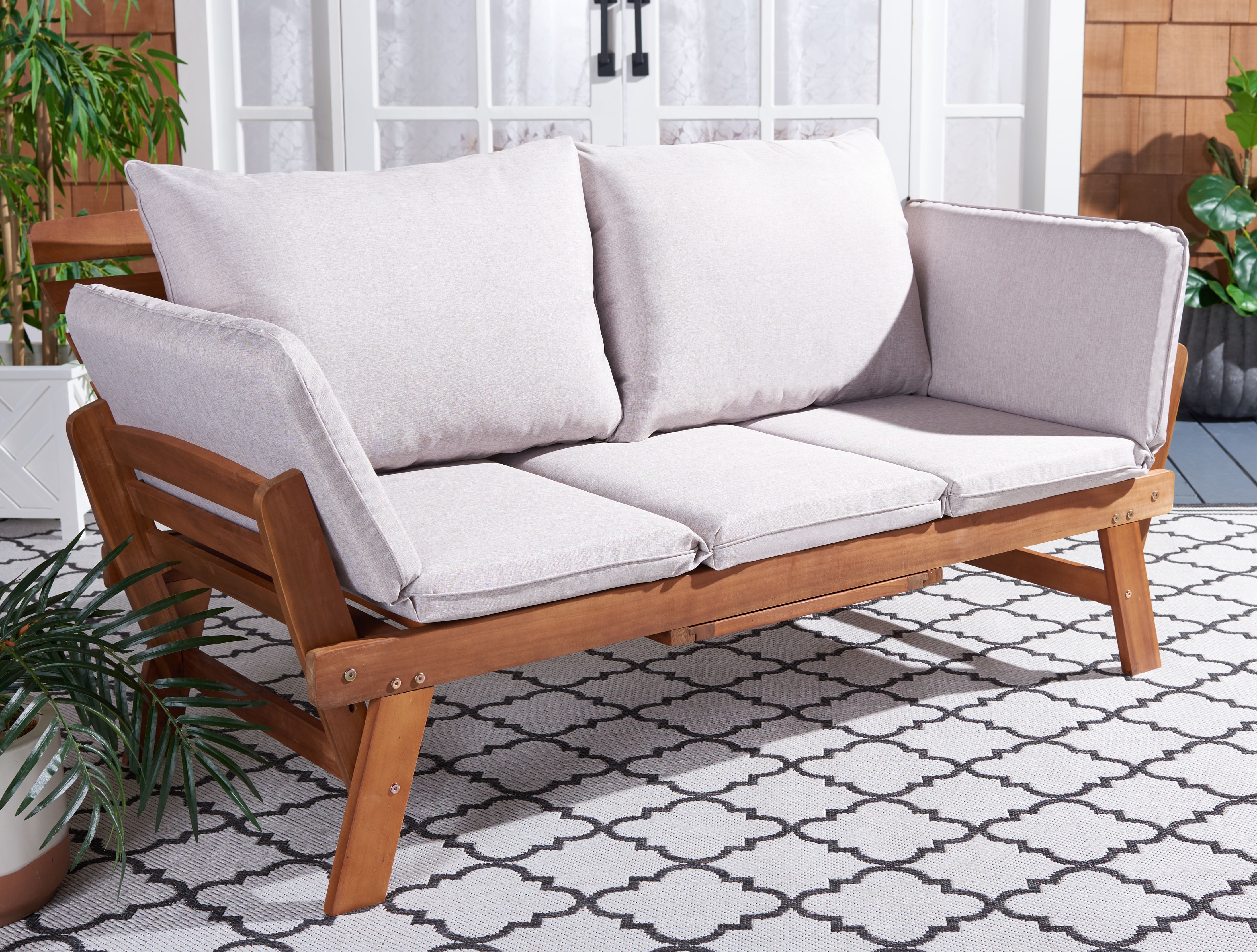 Emely Natural Wood Outdoor Daybed with Light Grey Cushions