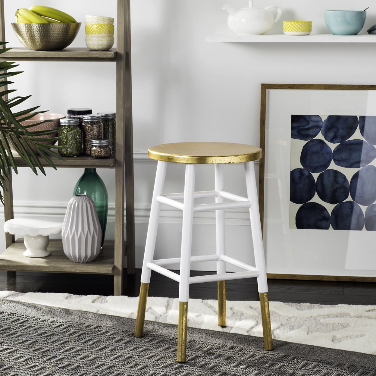 SAFAVIEH Emery Mid Century Dipped Gold Leaf Counter Stool w Footrest White