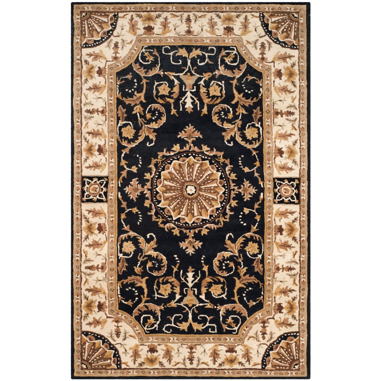 Black and Ivory Floral Wool Handmade 4' x 6' Area Rug