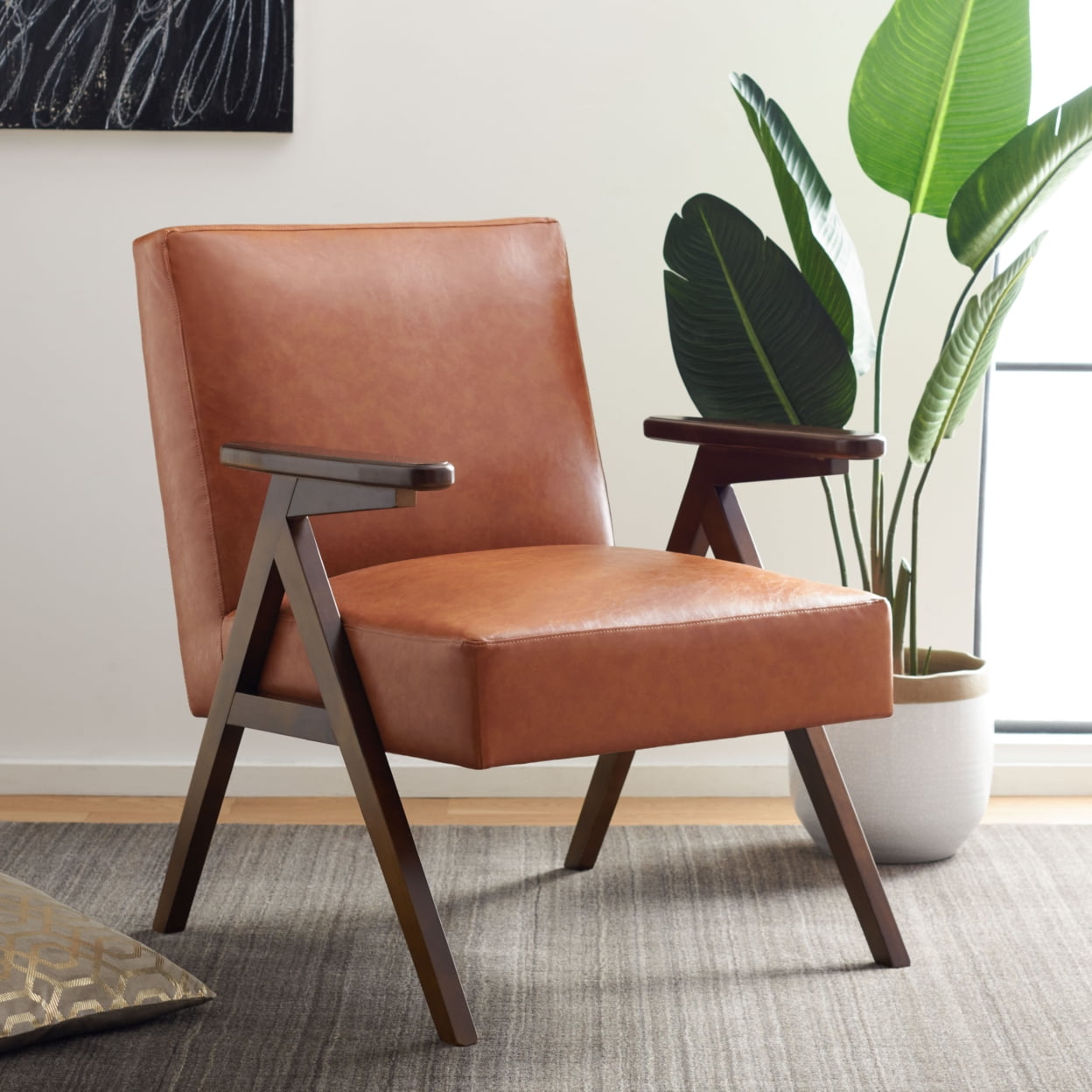 Cognac Faux Leather and Walnut Wood Mid-Century Accent Chair