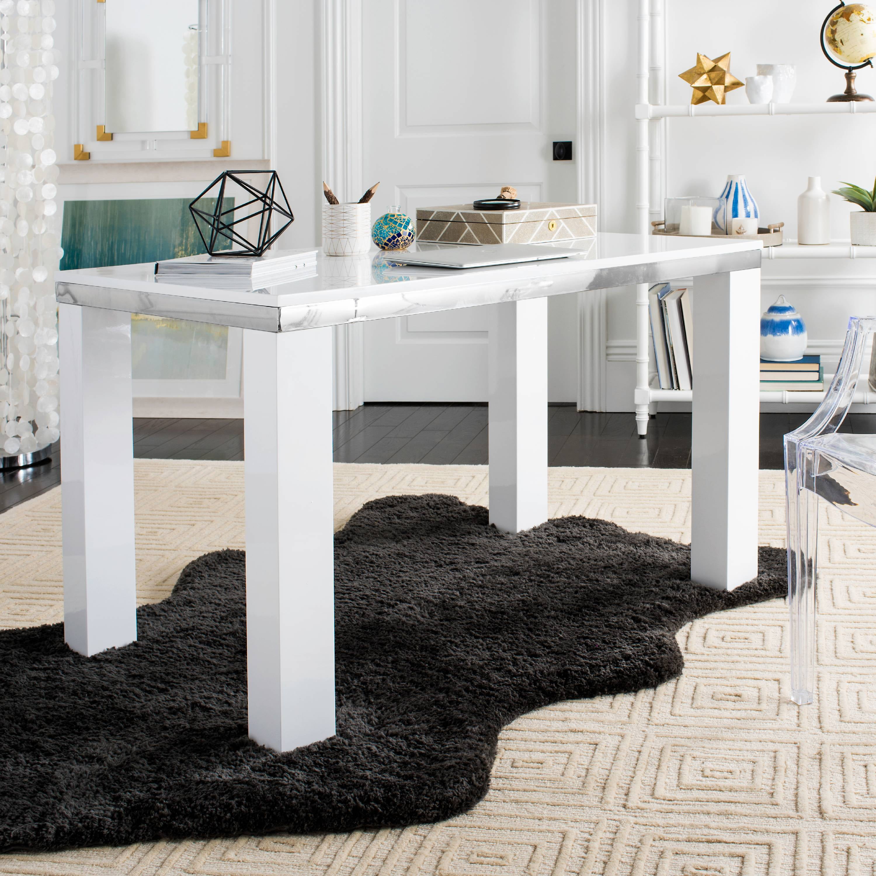 SAFAVIEH Enos Modern Lacquer Wood Desk, White/Chrome