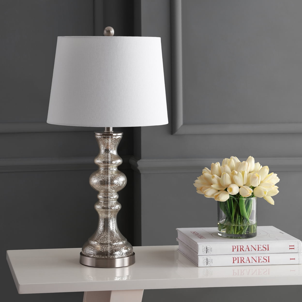Ephraim Weathered Faux Wood Traditional Table Lamp Set, Gray