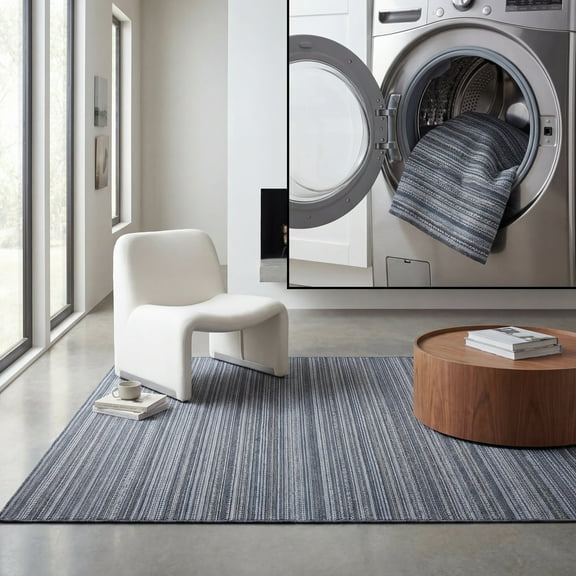 SAFAVIEH Escape Caolan Striped Machine Washable Area Rug, Grey/Ivory, 6'7" x 6'7" Square