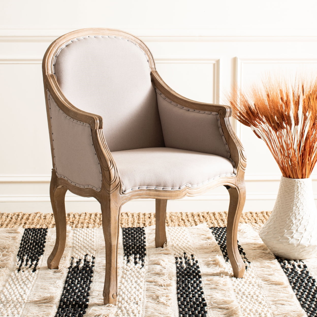 Esther Taupe Linen Upholstered Arm Chair with Black Nailhead