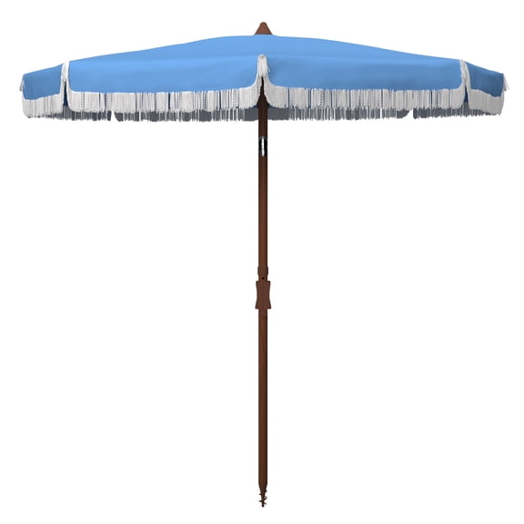 SAFAVIEH Estonia 6.5' Fringe Beach Patio Umbrella, Light Blue