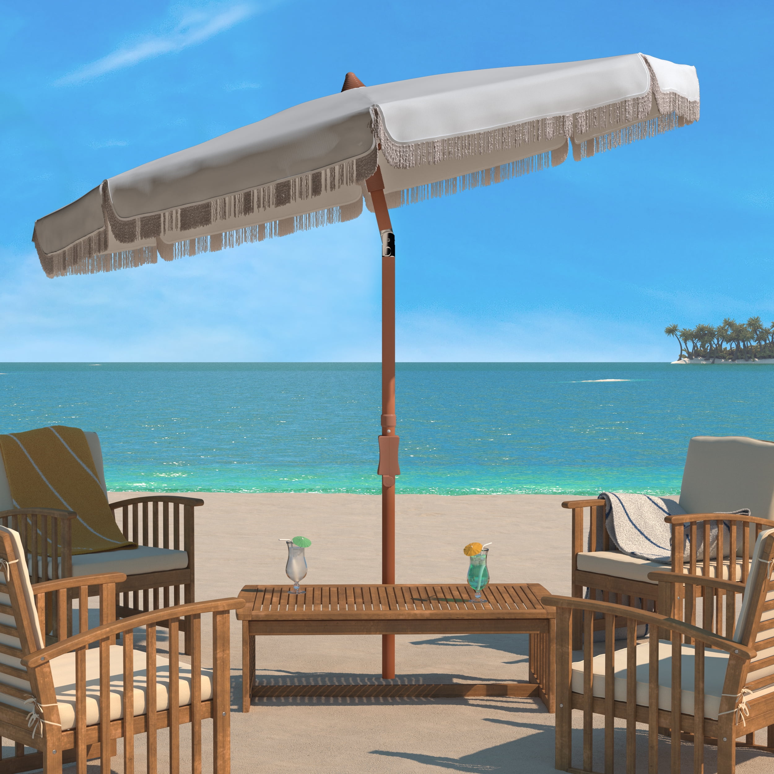 Estonia 6.5 Ft White Fringe Beach Umbrella with Metal Tilt Mechanism