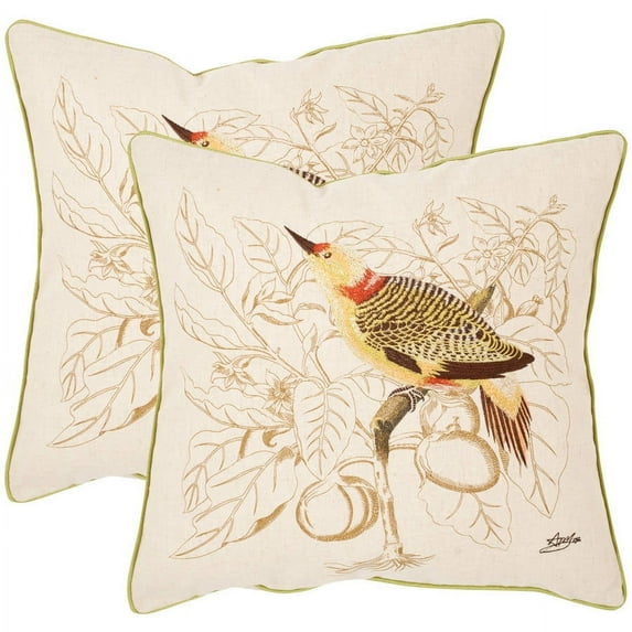 SAFAVIEH Esty Embroidered Bird Pillow, 18" x 18", Cream, Set of 2