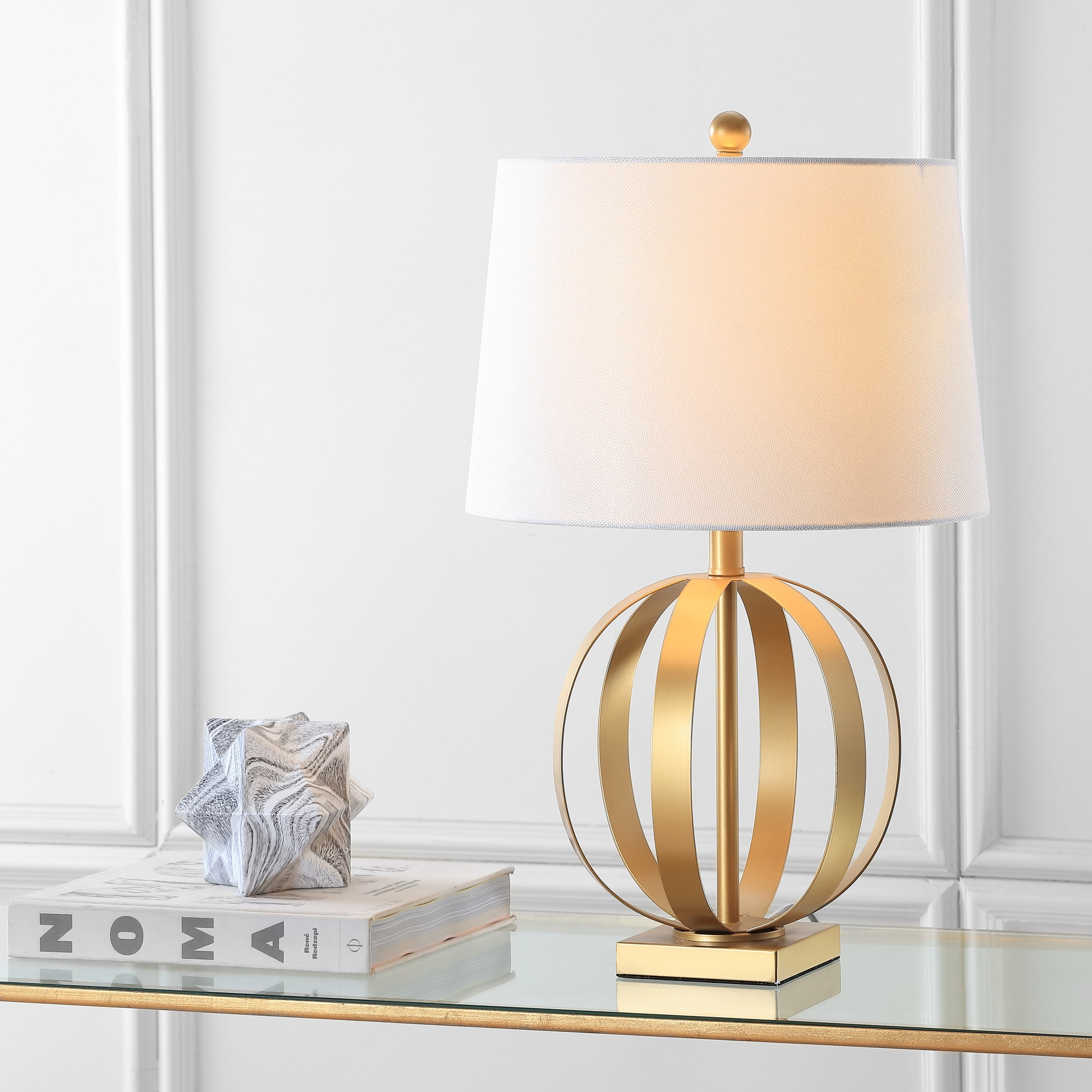 Euginia Sphere Gold-Finished Metal Table Lamp Set with White Cotton Shade