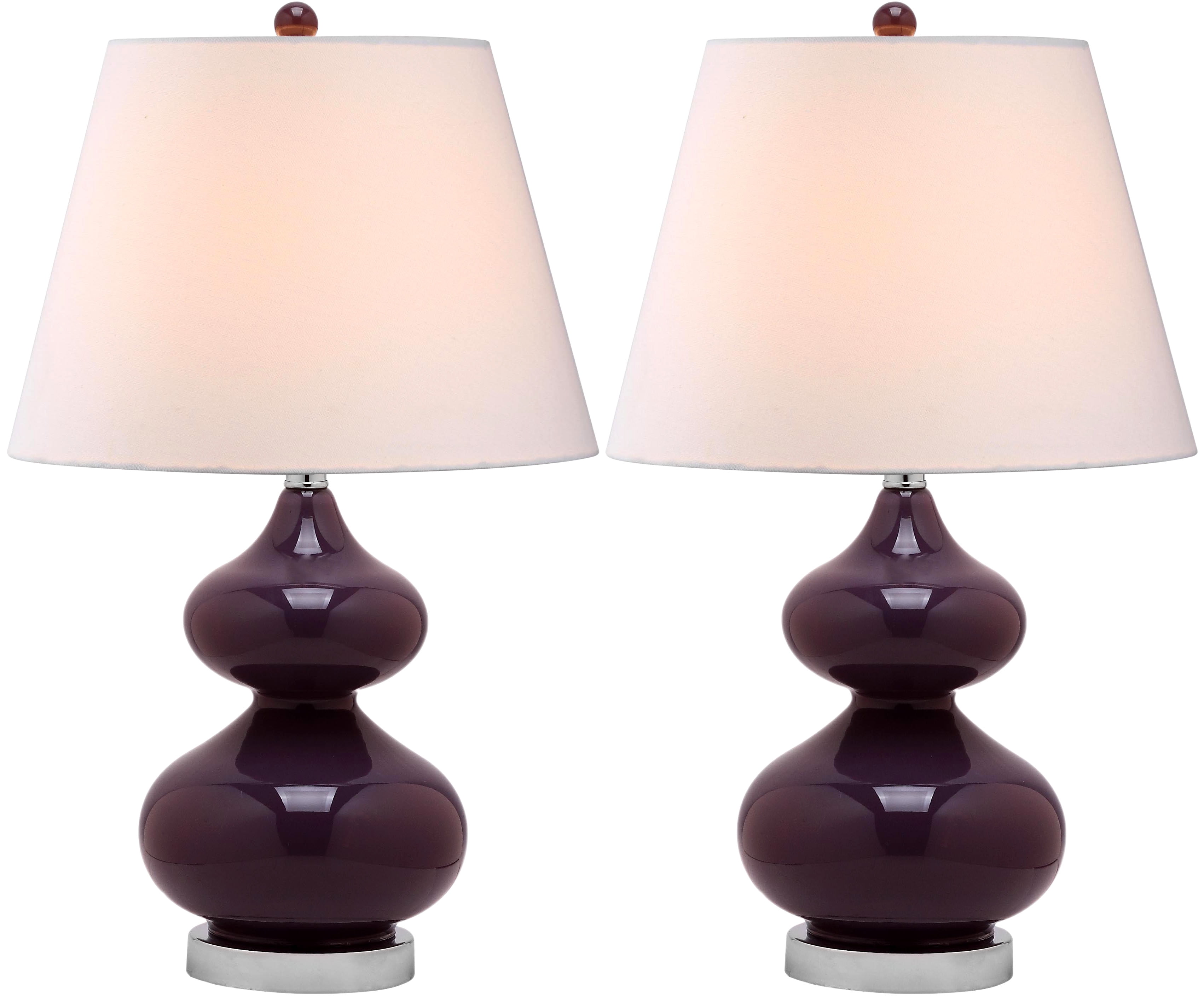 Eva Double Gourd Dark Purple Glass Table Lamp Set with Silver Accents