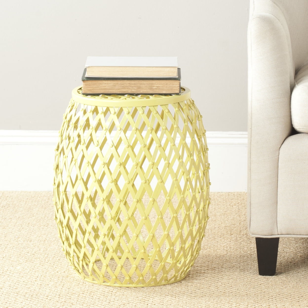 Evan Matte Yellow Iron Strips Accent Stool