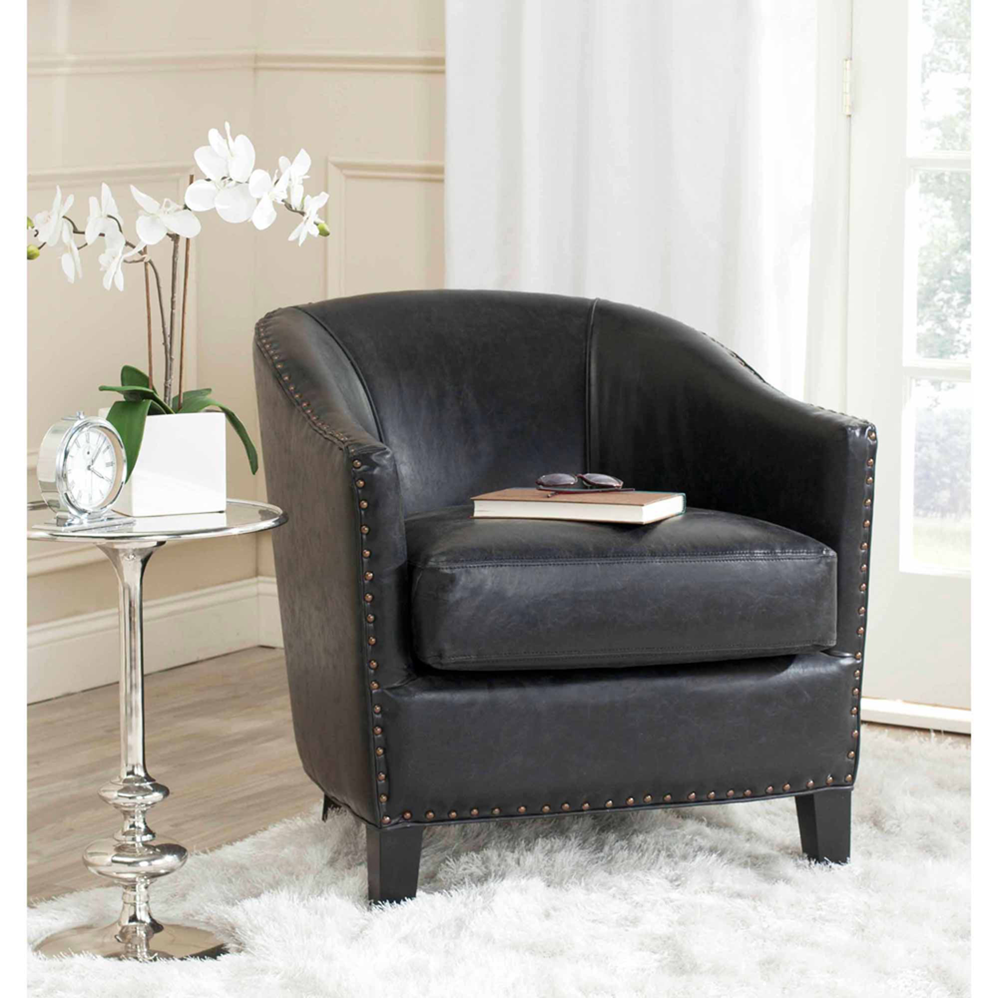 SAFAVIEH Evander Bicast Leather Club Chair, Antique Black with Brass Nail Heads
