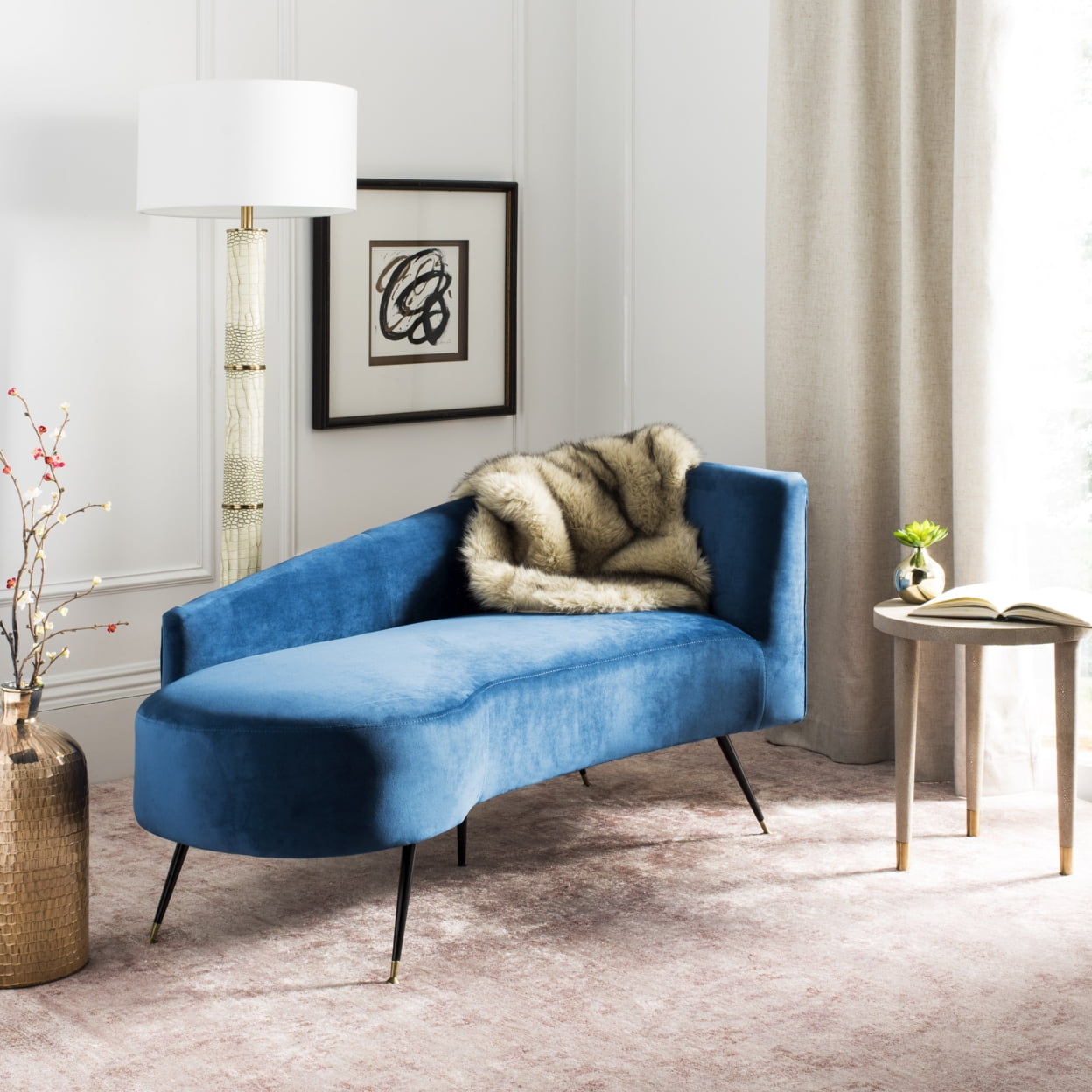 Navy Velvet Left Arm Settee with Black Metal Legs