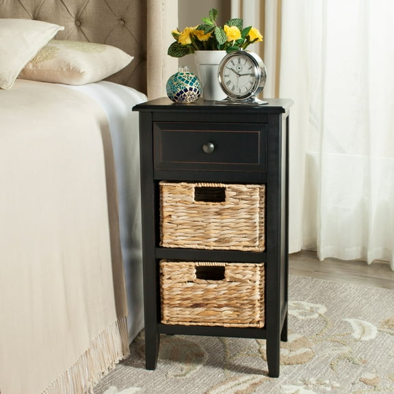 SAFAVIEH Everly Contemporary Side Table with Drawer and Two Baskets, Distressed Black