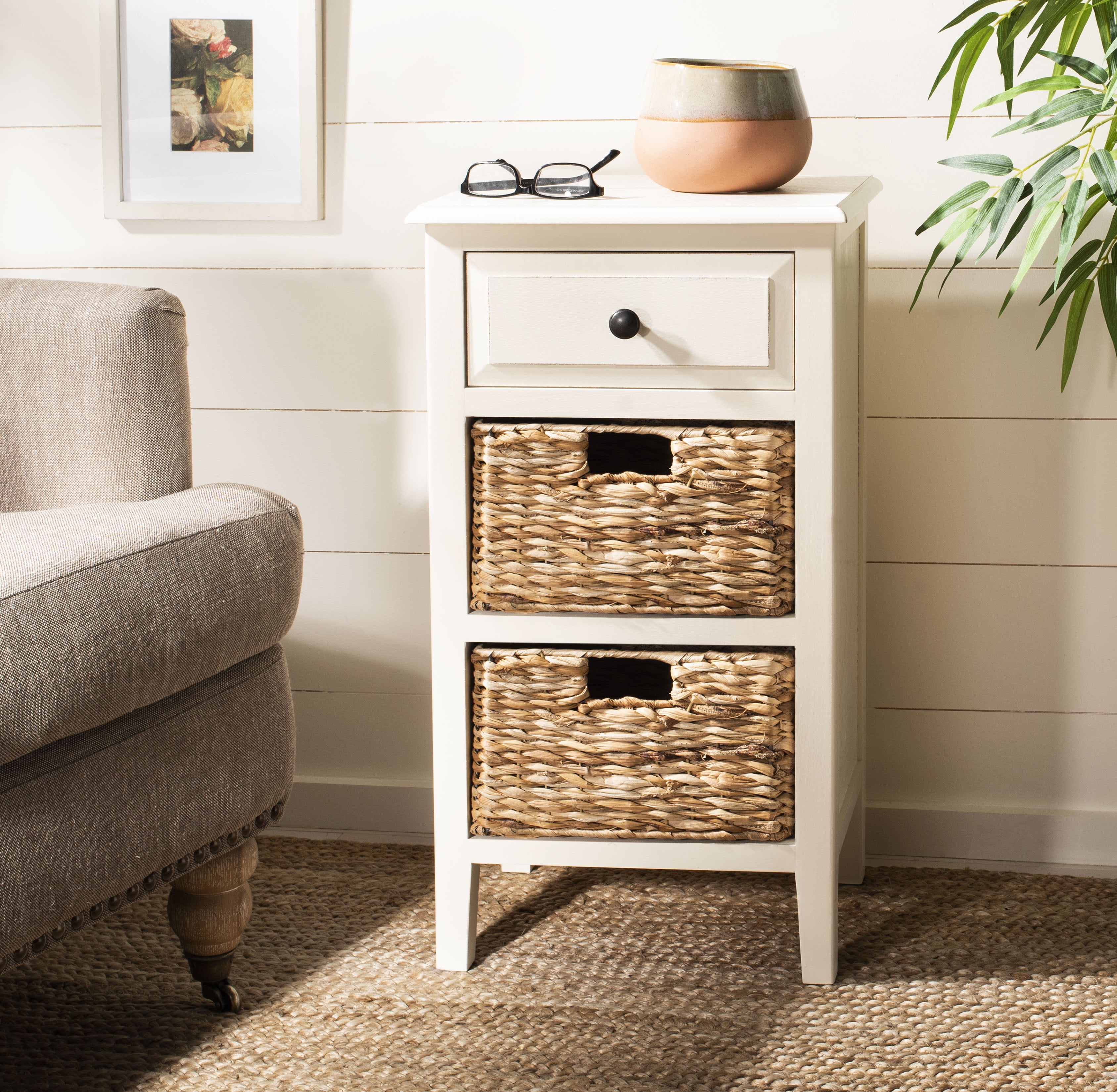 Everly Rectangular White Wood and Metal Side Table with 3 Drawers