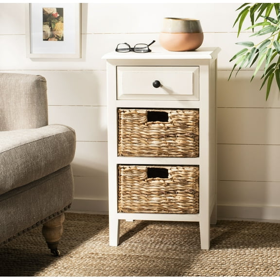 SAFAVIEH Everly Contemporary Side Table with Drawer and Two Baskets, Distressed White