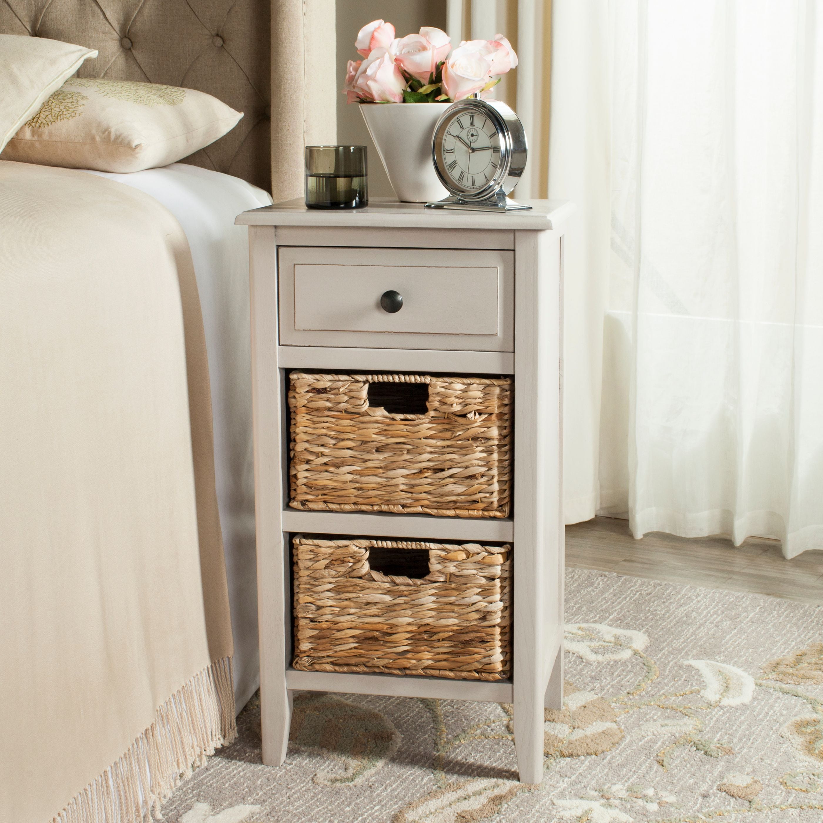 Everly Coastal Cottage Vintage Grey Pine Side Table with Baskets