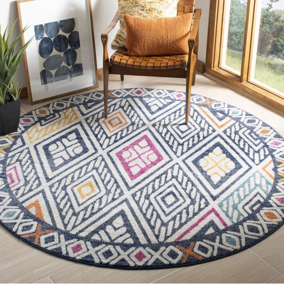 SAFAVIEH Evoke Beaumont Geometric Area Rug, Navy/Ivory, 6'7" x 6'7" Round