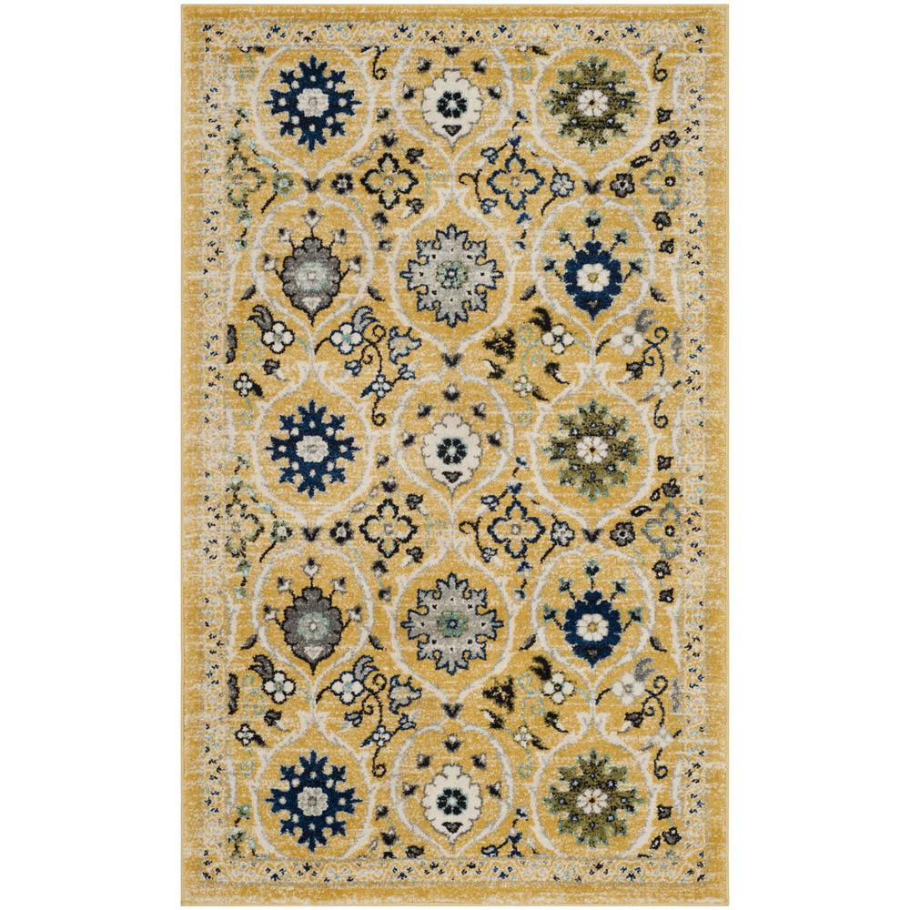 Gold and Ivory Floral Motif Low Pile Area Rug
