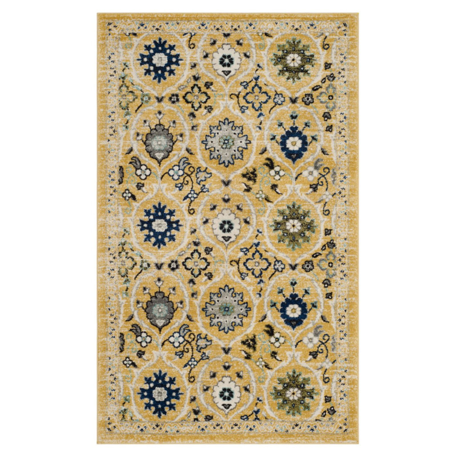 Gold and Ivory Floral Geometric 4' x 6' Area Rug