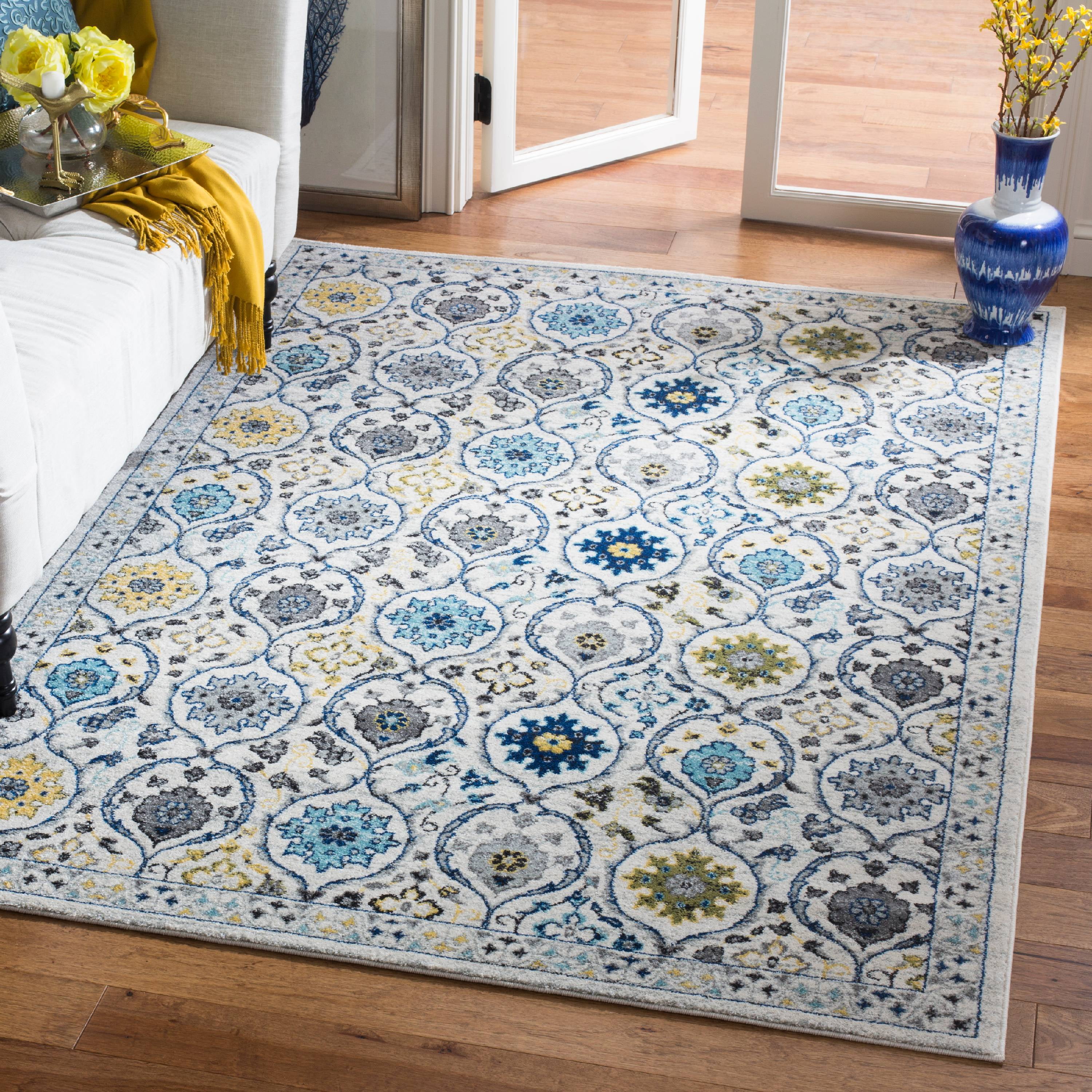 Ivory and Blue Rectangular Stain-Resistant Synthetic Area Rug