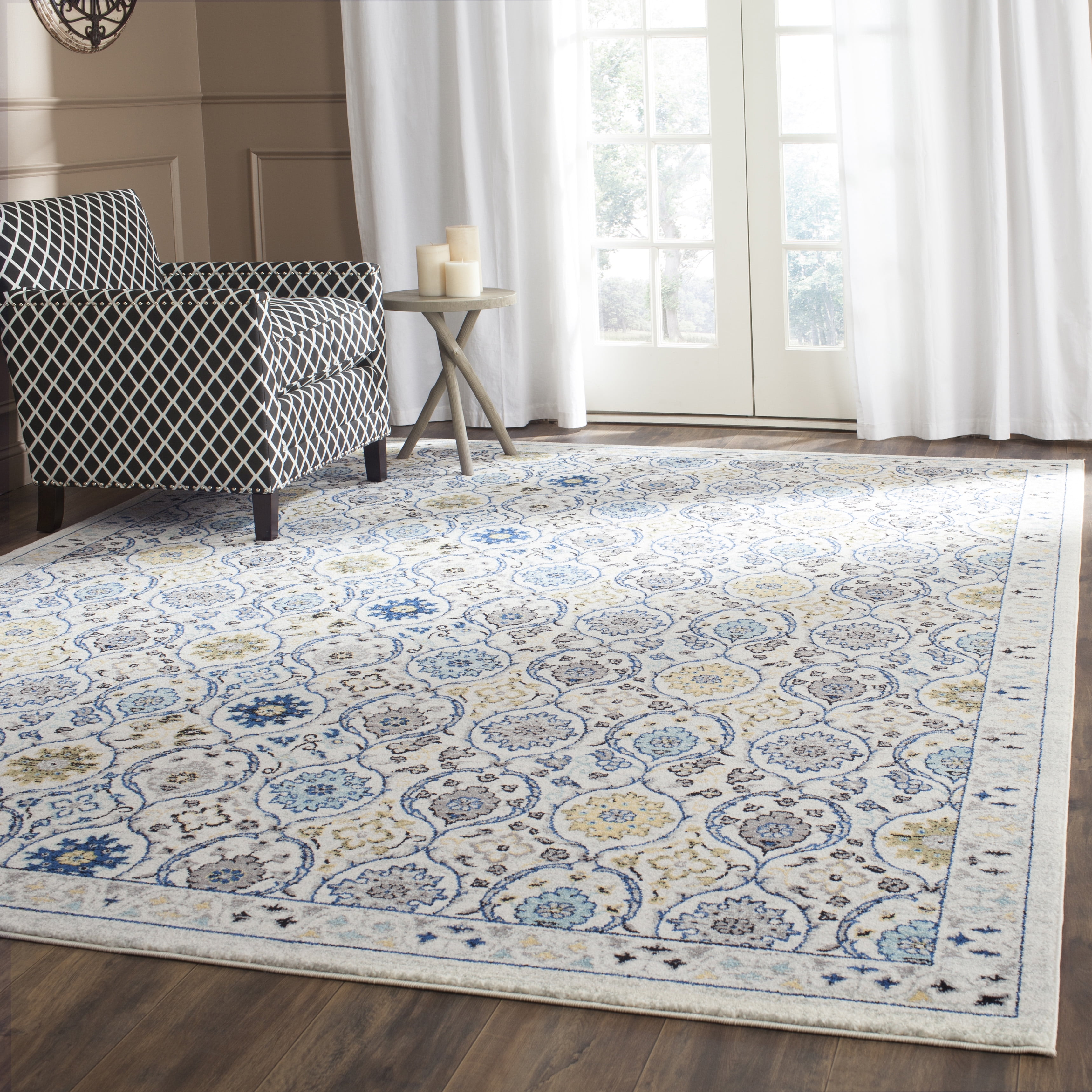 SAFAVIEH Evoke Charlotte Floral Geometric Area Rug, Ivory/Blue, 9' x 12 ...