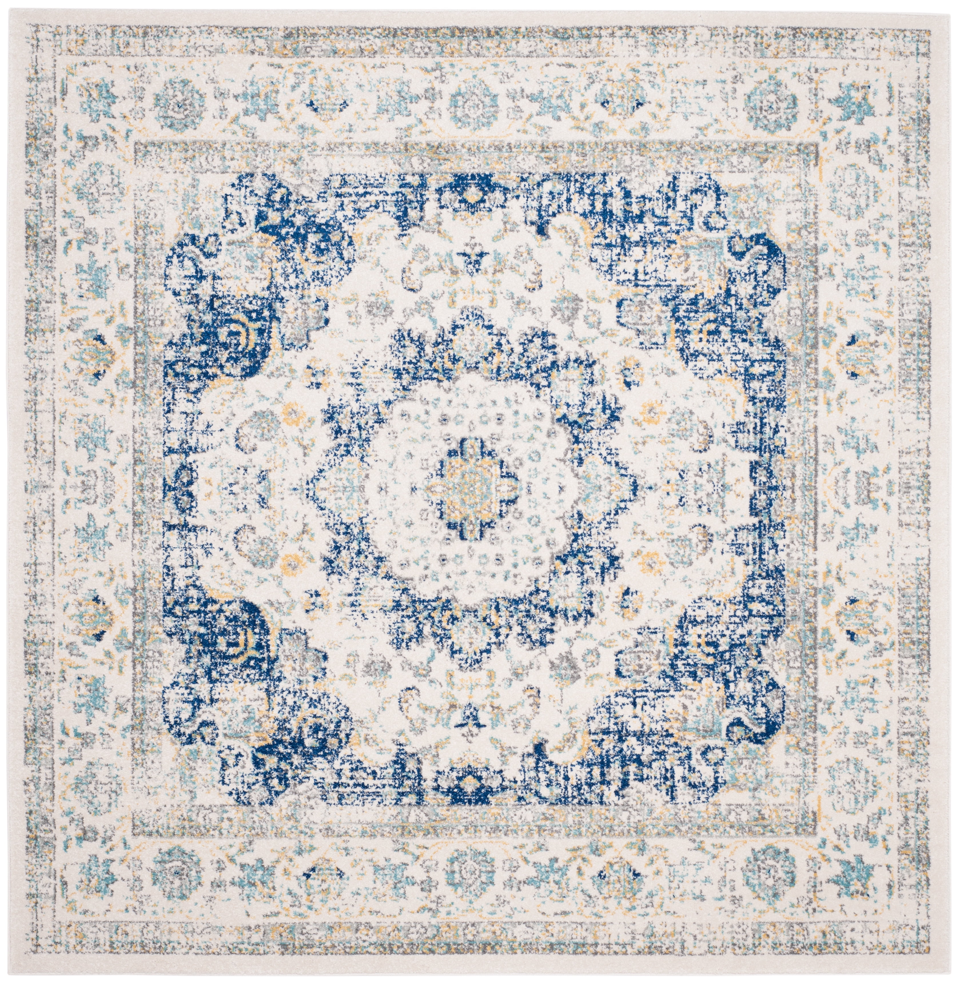 Ivory and Blue Square Hand-knotted Synthetic Area Rug