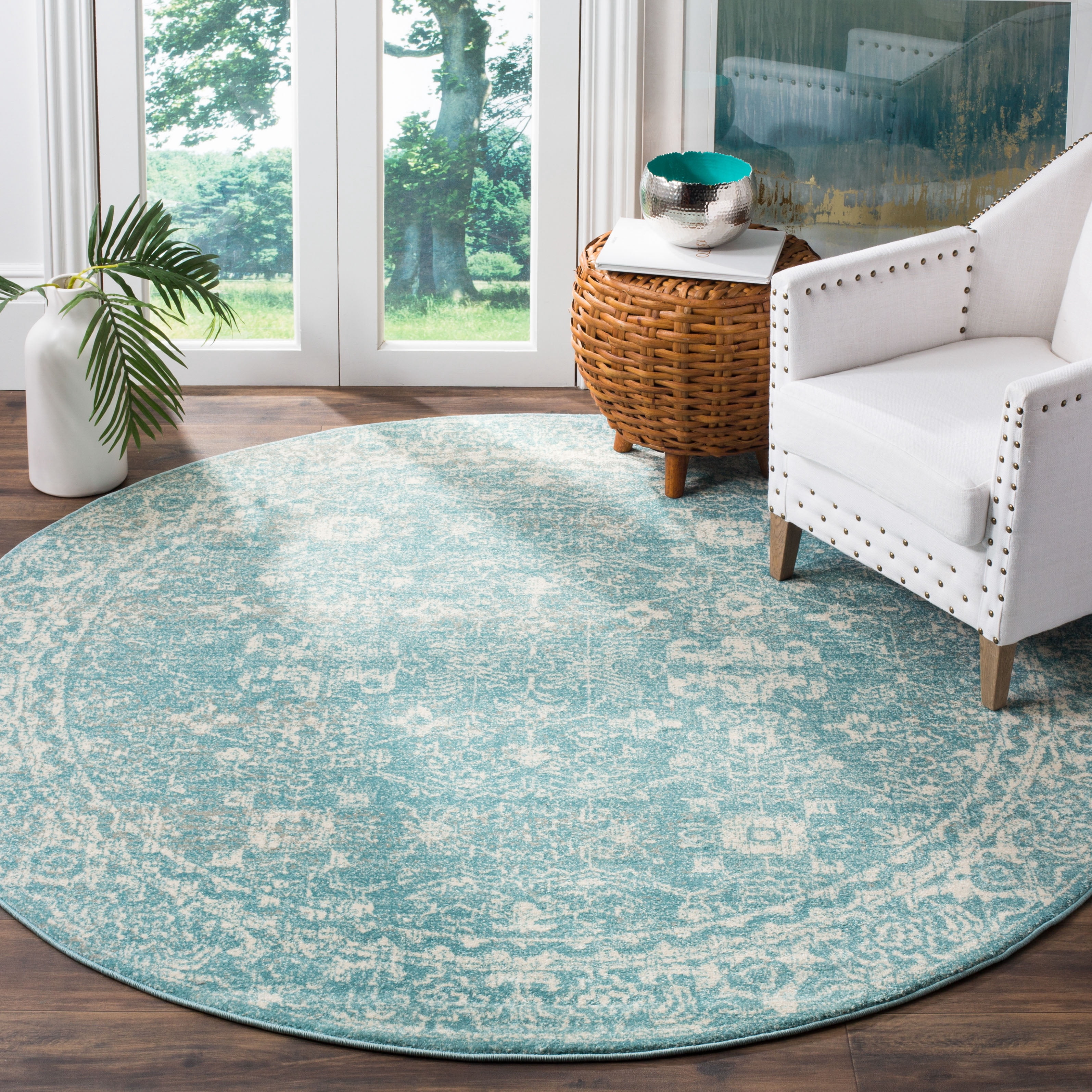 SAFAVIEH Evoke Ronald Bordered Area Rug, Light Blue/Ivory, 3' x 3 ...
