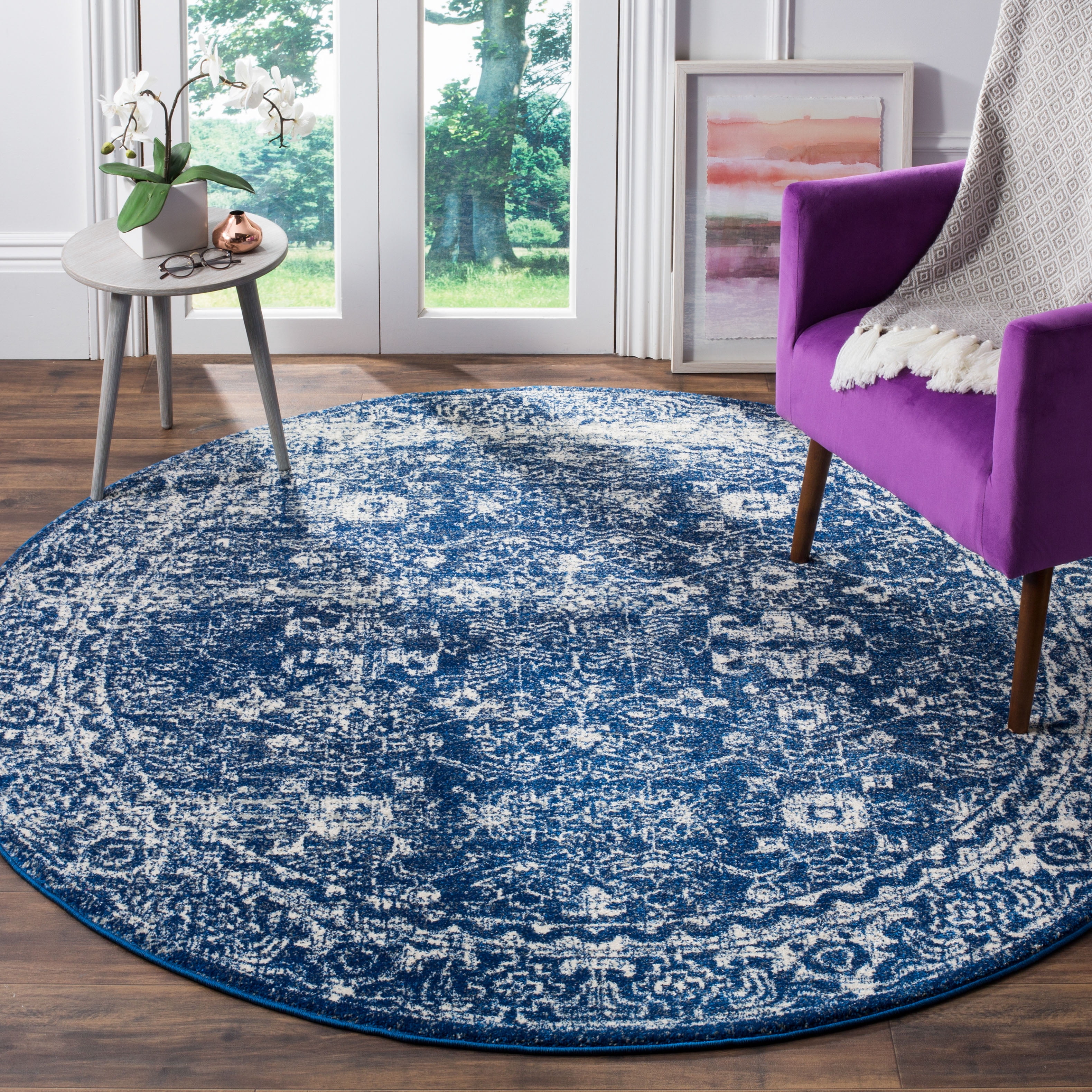 SAFAVIEH Evoke Ronald Bordered Area Rug, Navy/Ivory, 5'3" x 5'3" Round