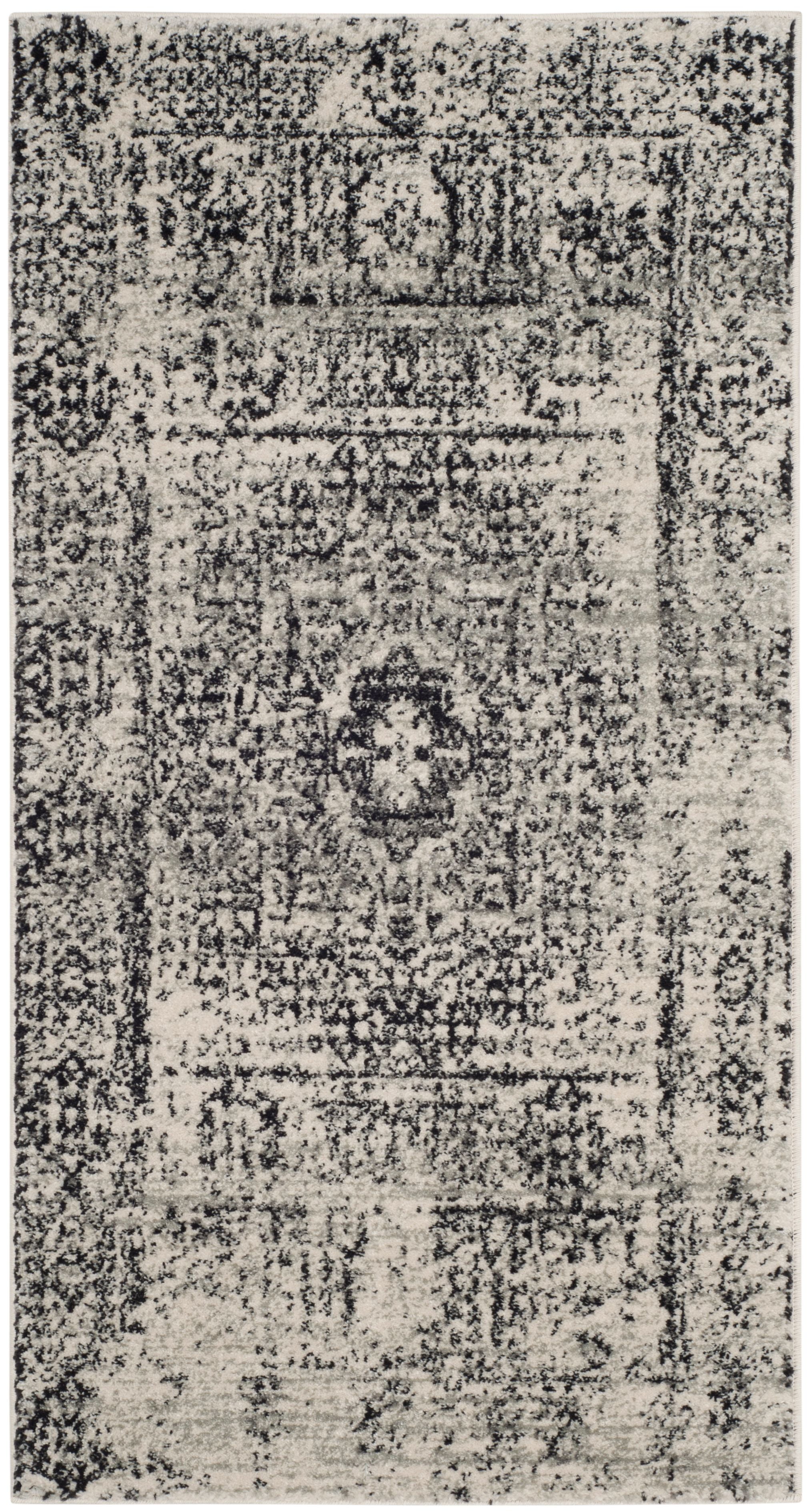 Ivory and Black High Pile Synthetic Area Rug