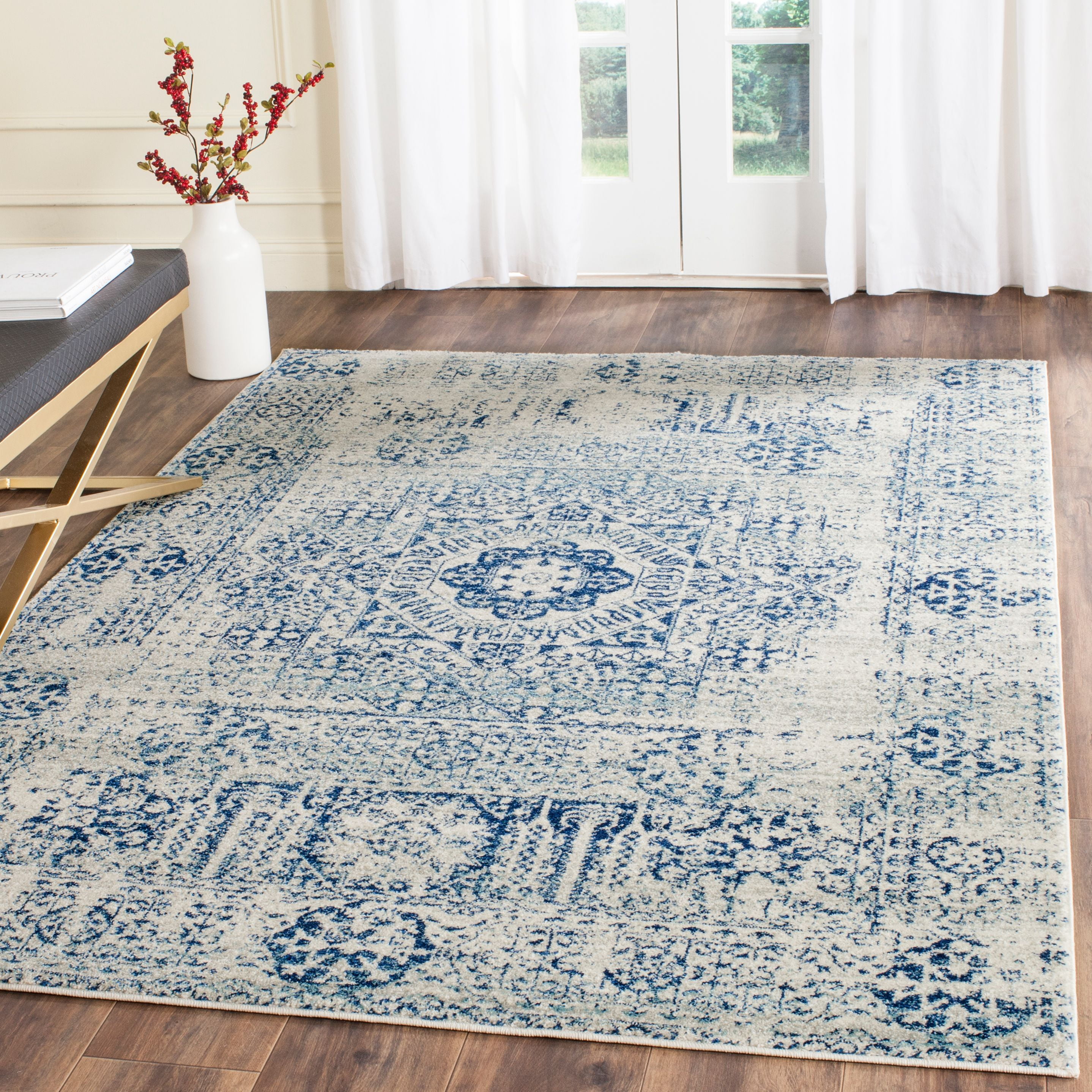 Ivory and Blue High Pile Synthetic Area Rug
