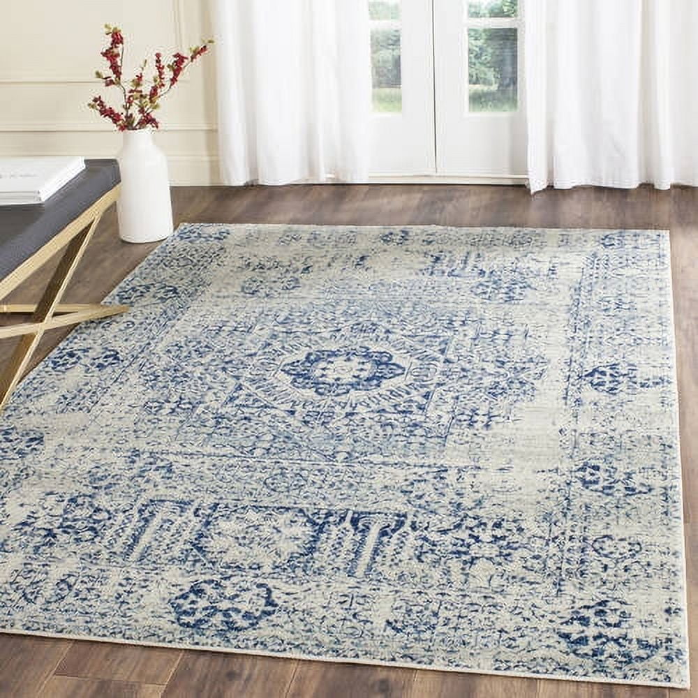 Ivory and Blue High Pile Synthetic Reversible Area Rug
