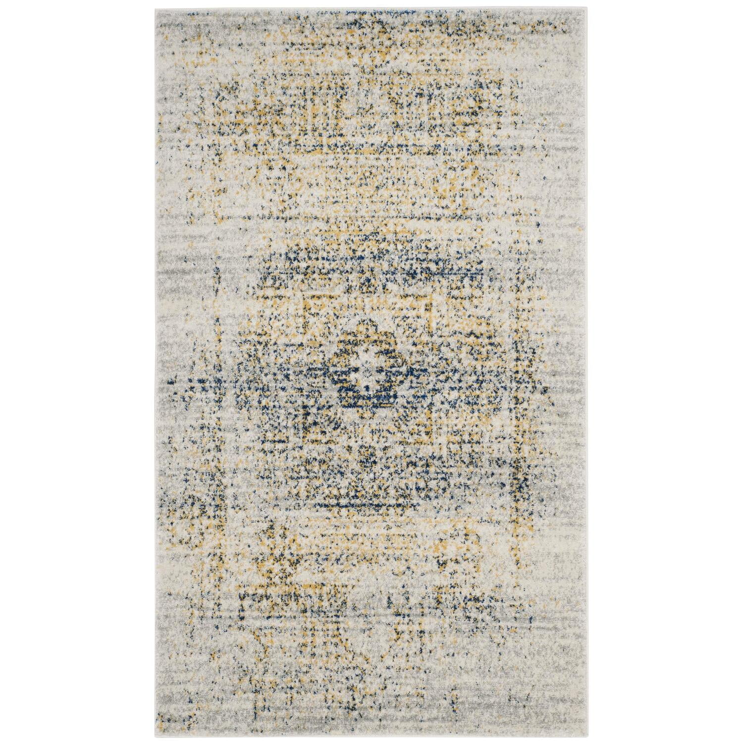 Ivory and Blue High Pile Synthetic Area Rug