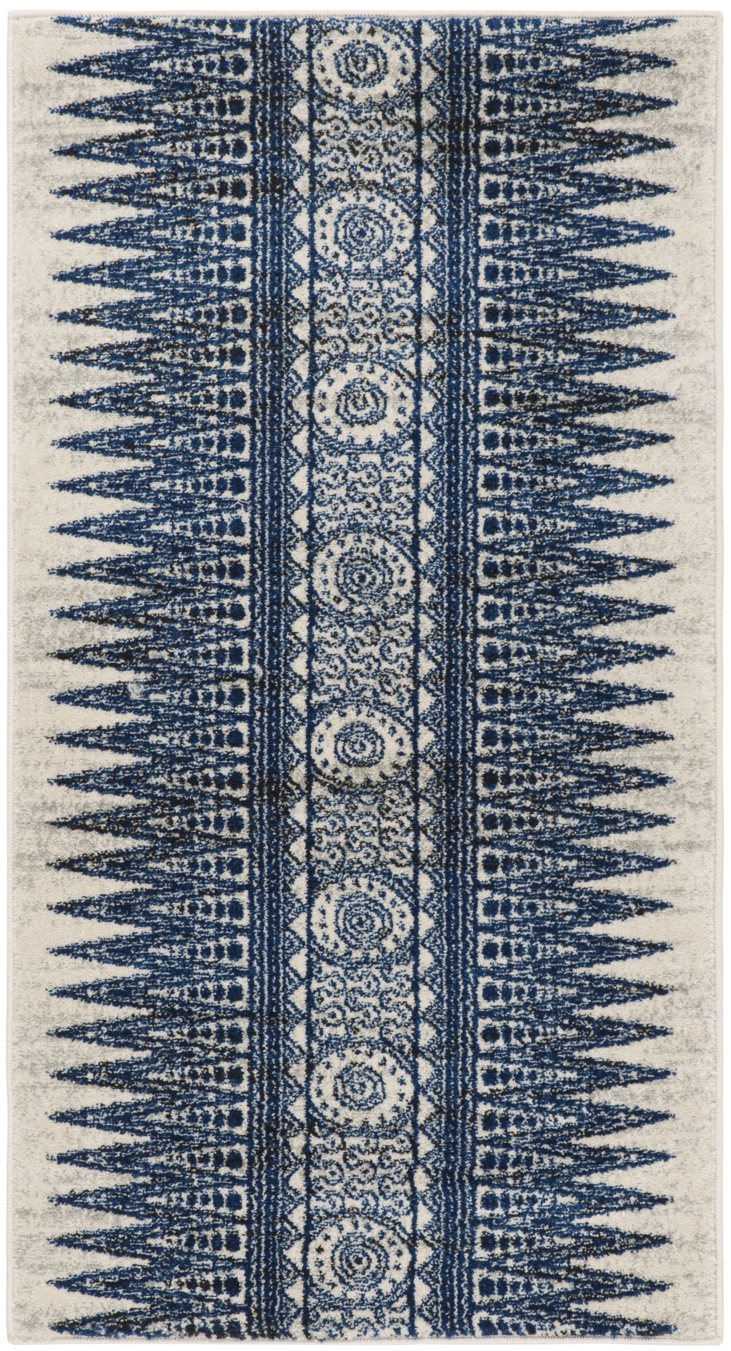 Ivory and Blue High Pile Synthetic Area Rug
