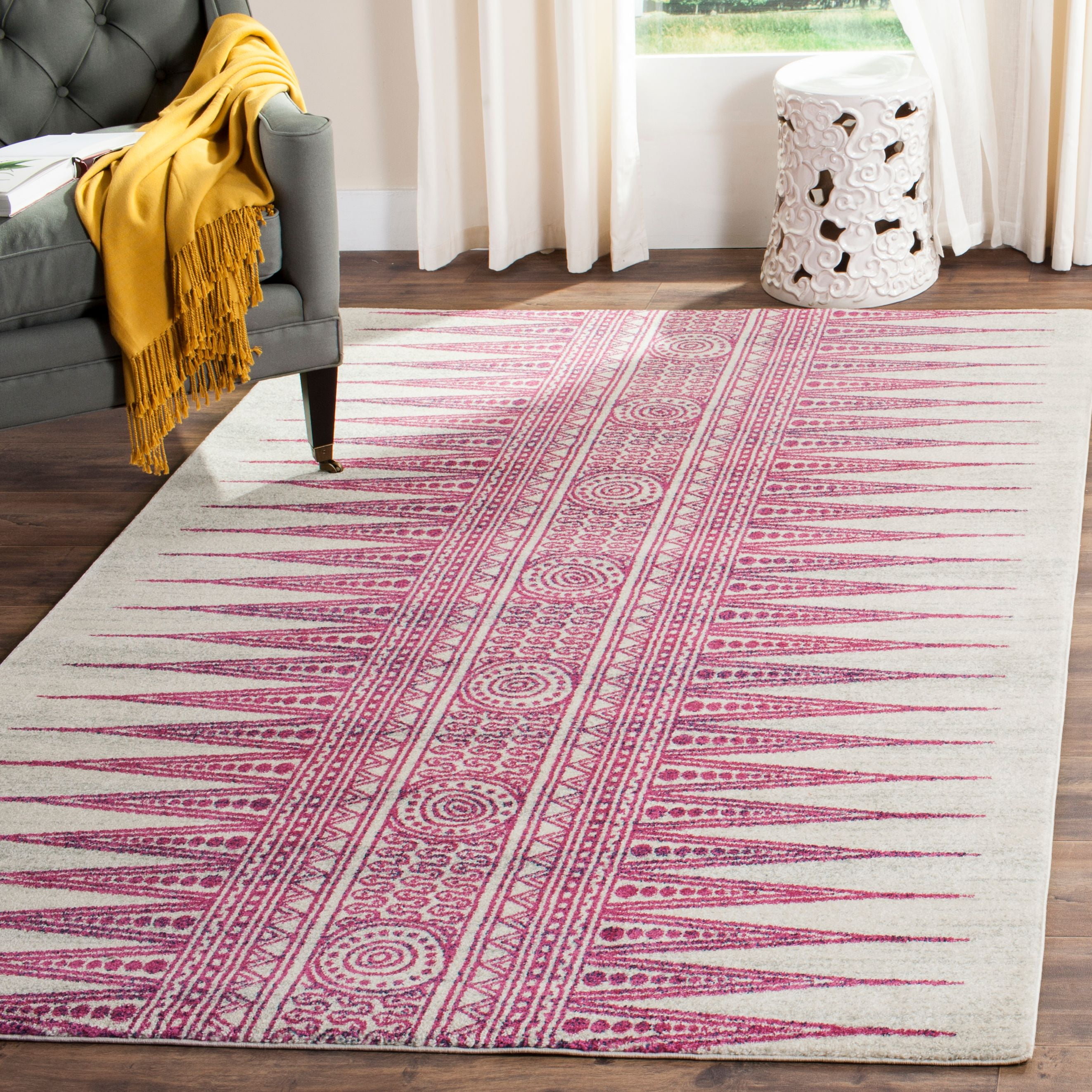 Ivory and Fuchsia Bohemian Synthetic Area Rug, 8' x 10'
