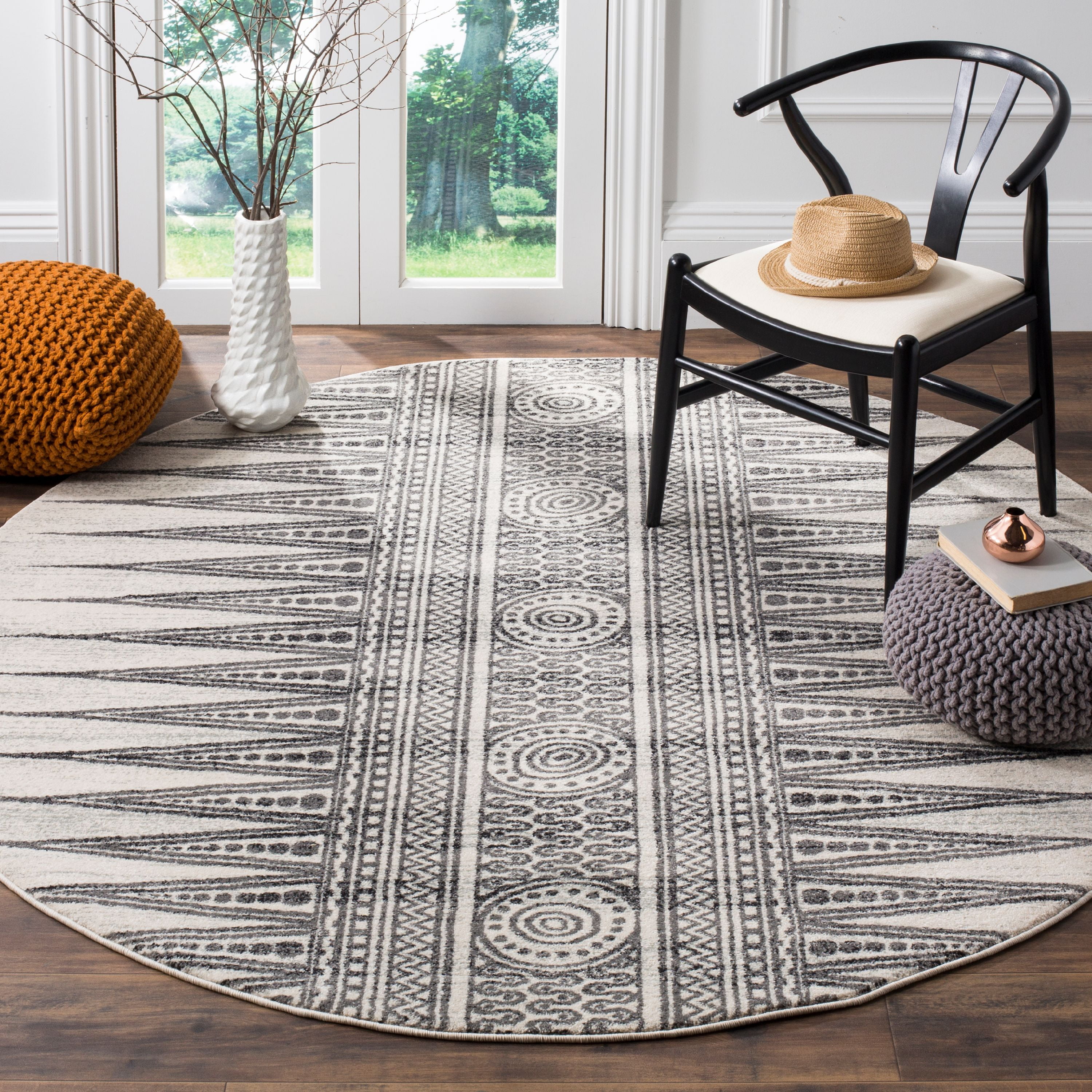 Ivory and Grey Round Synthetic High Pile Area Rug