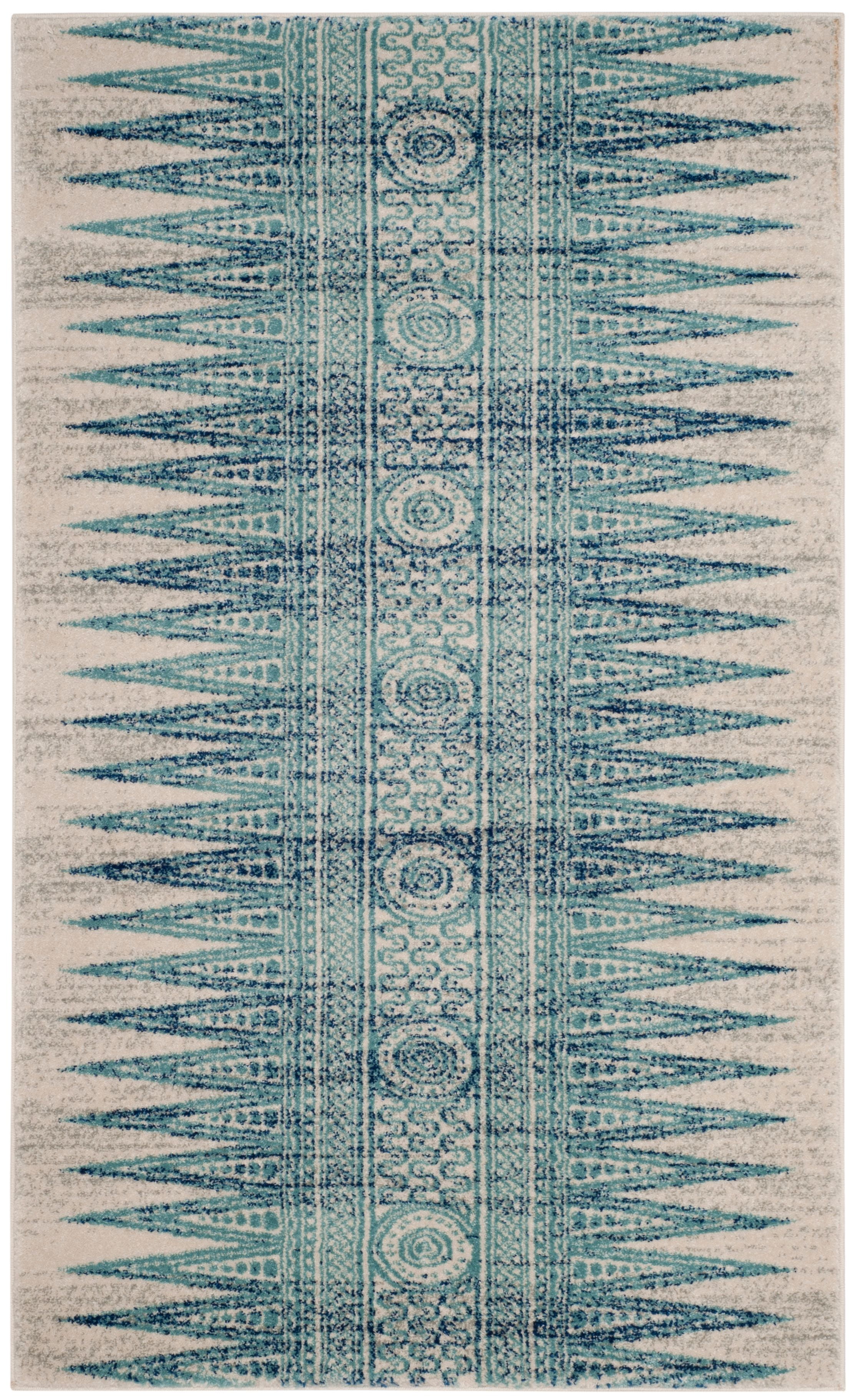 Ivory and Turquoise High Pile Synthetic Area Rug