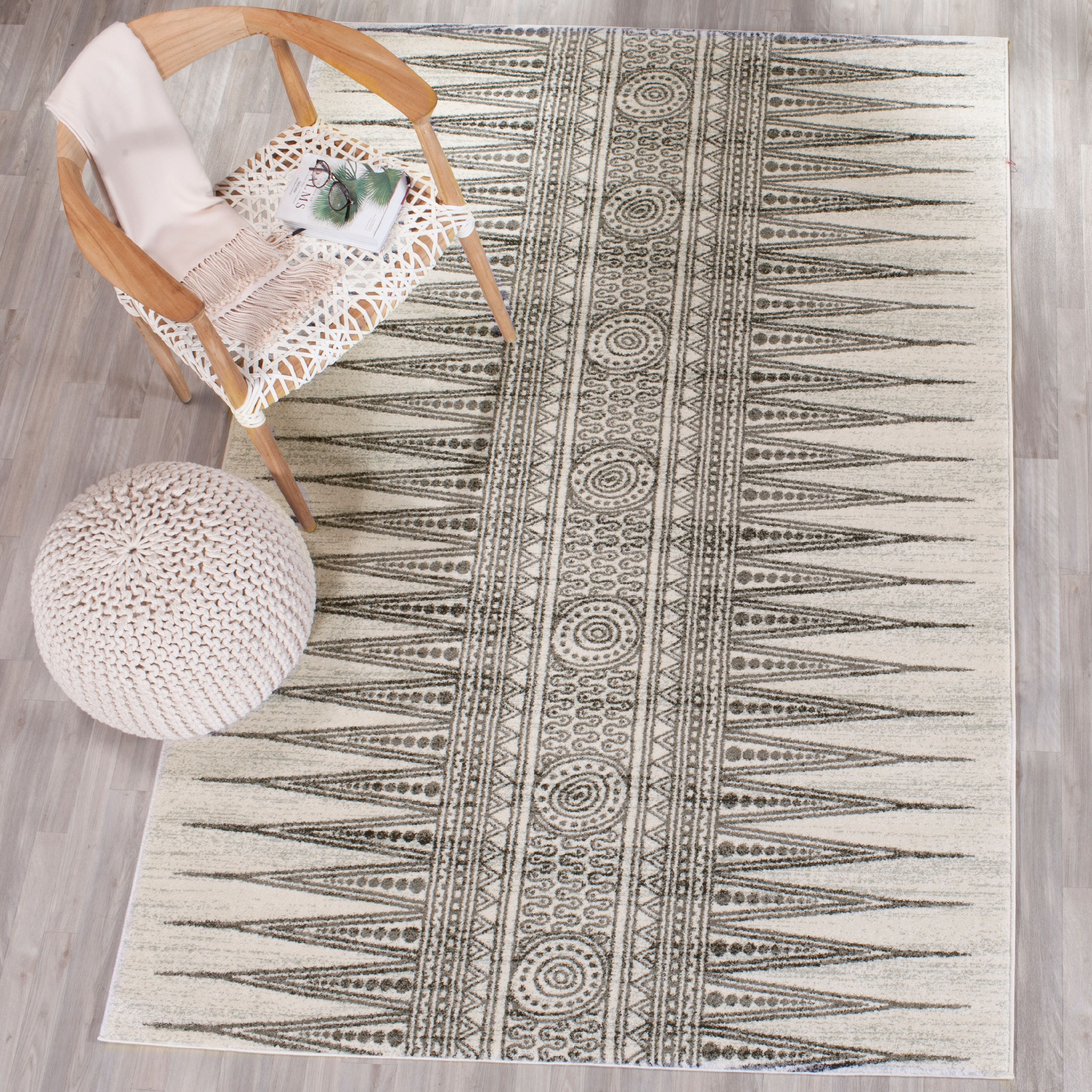 Ivory and Grey High Pile Synthetic Square Area Rug