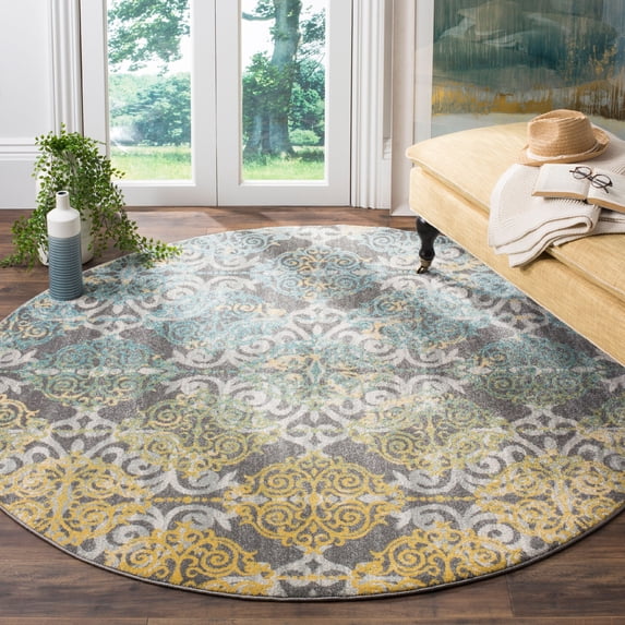 SAFAVIEH Evoke Keith Damask Area Rug, Grey/Ivory, 5'3" x 5'3" Round