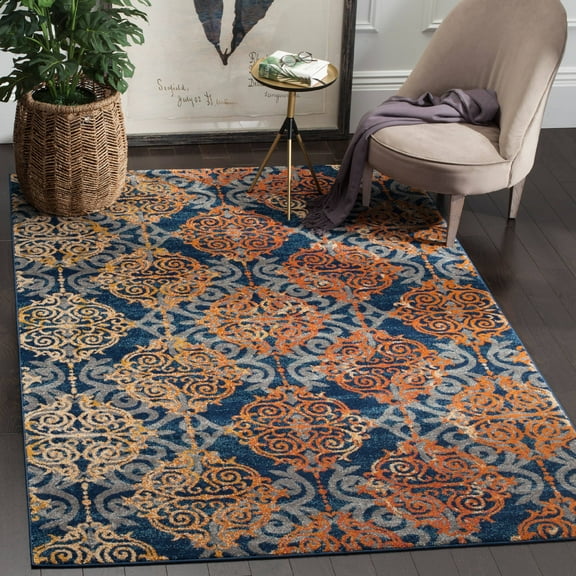 SAFAVIEH Evoke Keith Damask Distressed Area Rug, Blue/Orange, 6'7" x 6'7" Square