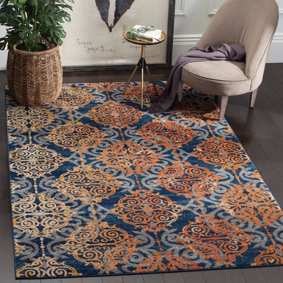 SAFAVIEH Evoke Keith Damask Distressed Area Rug, Blue/Orange, 6'7" x 9'