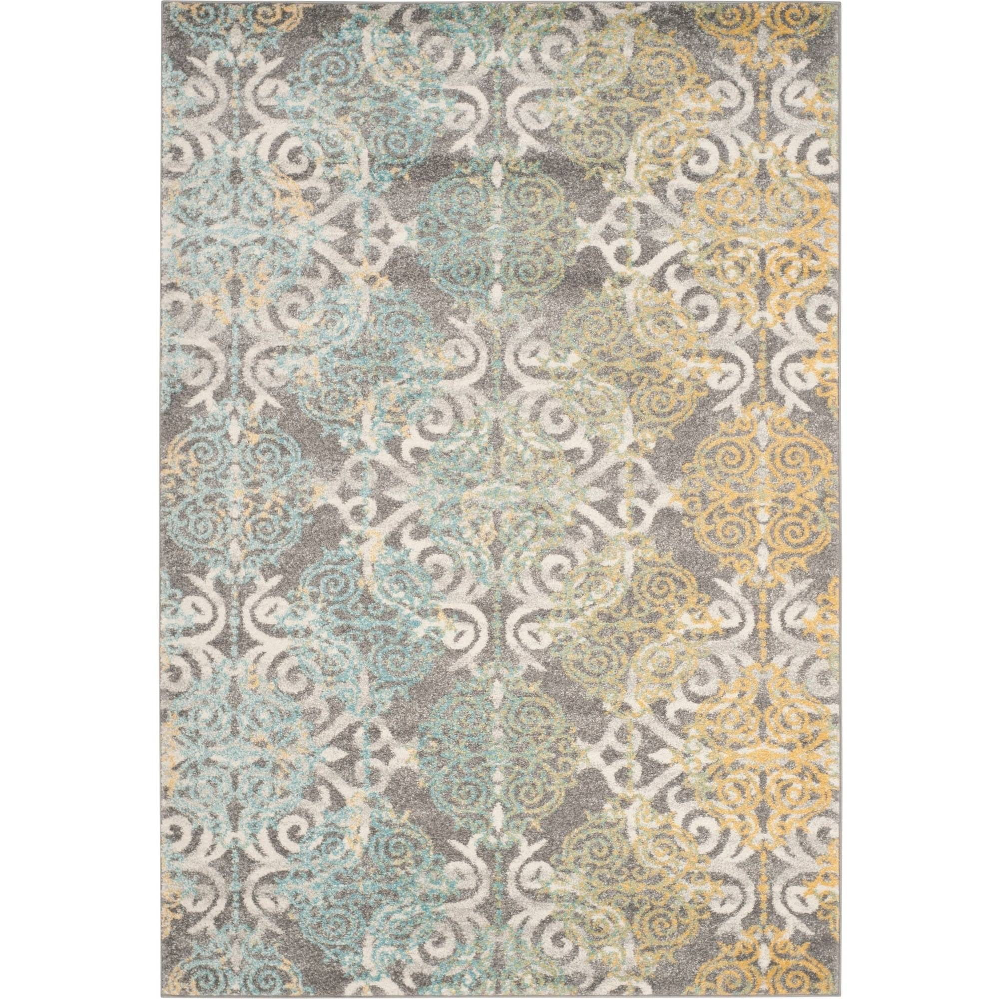 Evoke Grey and Ivory Synthetic Damask Area Rug 4' x 6'