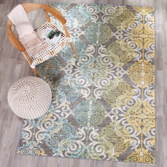 SAFAVIEH Evoke Keith Damask Distressed Area Rug, Grey/Ivory, 5'1" x 5'1" Square