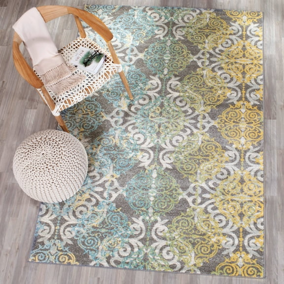 SAFAVIEH Evoke Keith Damask Distressed Area Rug, Grey/Ivory, 9' x 12'