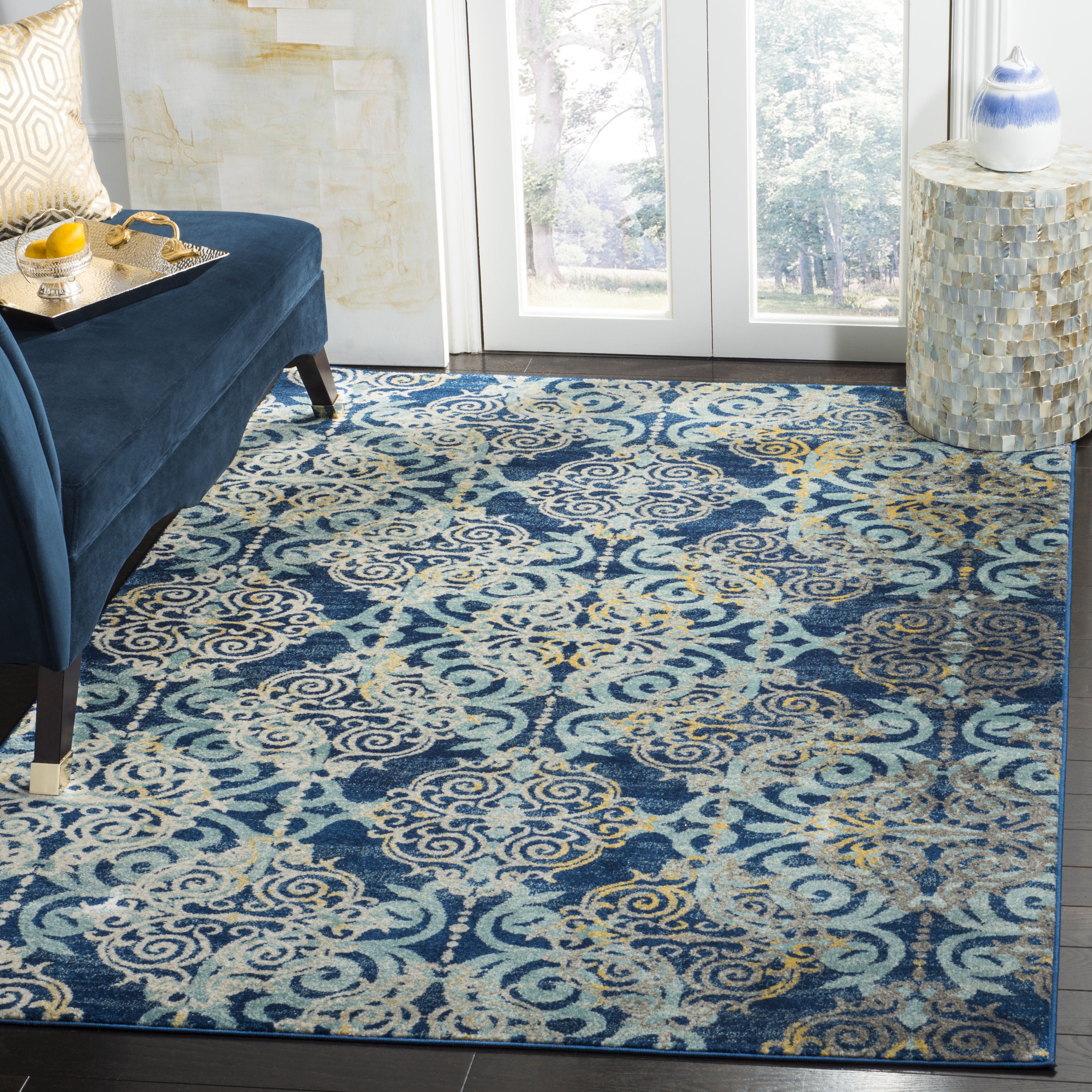 Royal and Light Blue High Pile Synthetic Area Rug