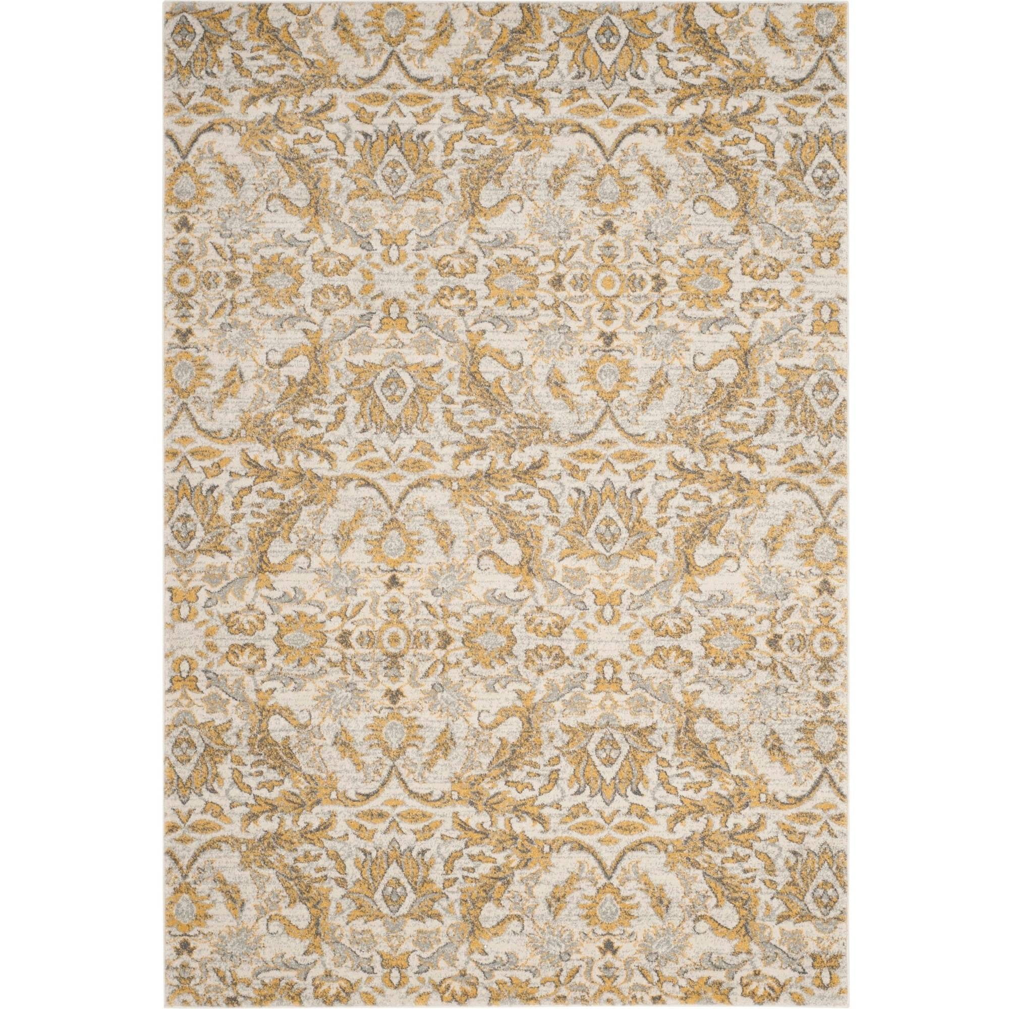 Ivory and Gold Floral High Pile Area Rug