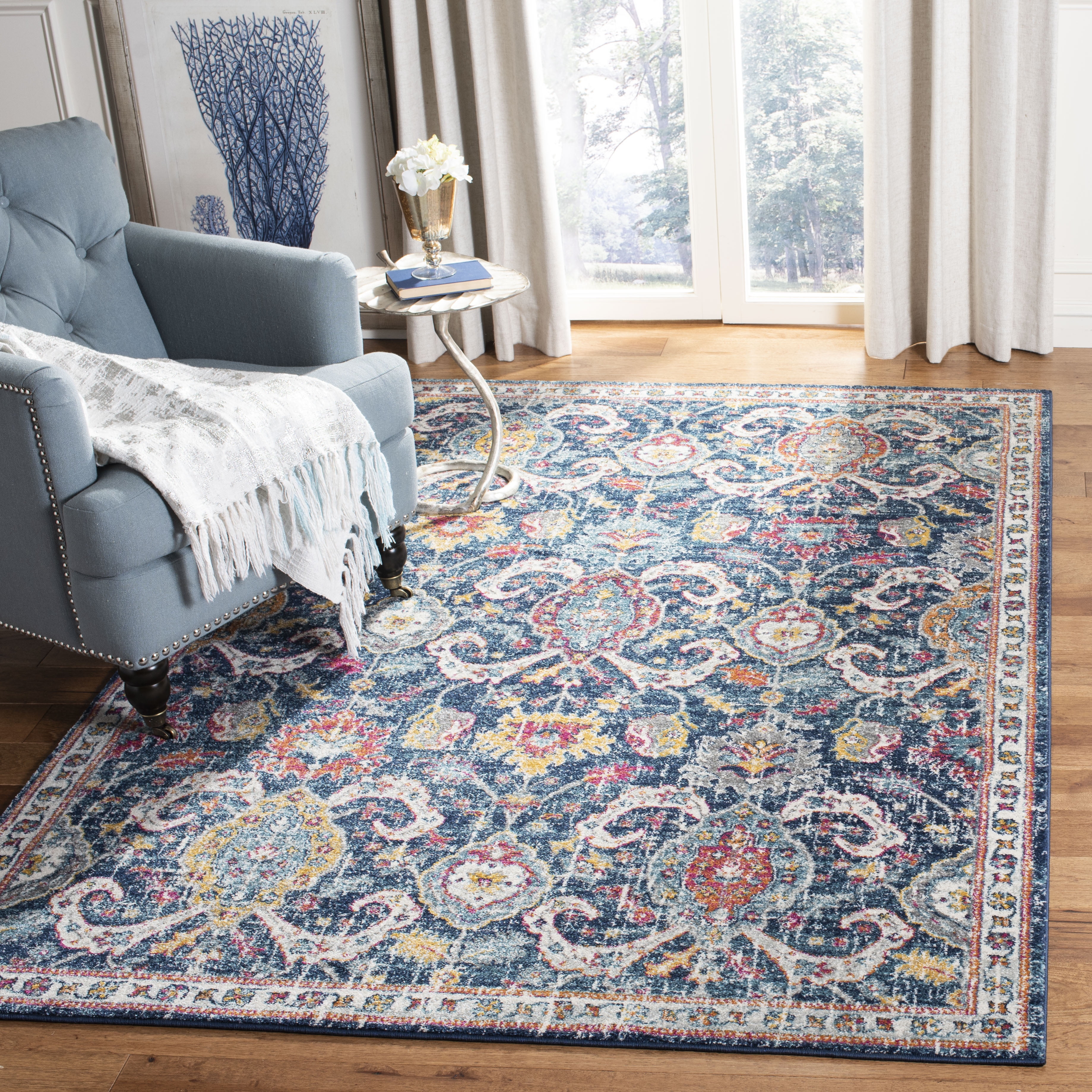 Navy and Fuchsia High Pile Synthetic Small Rug