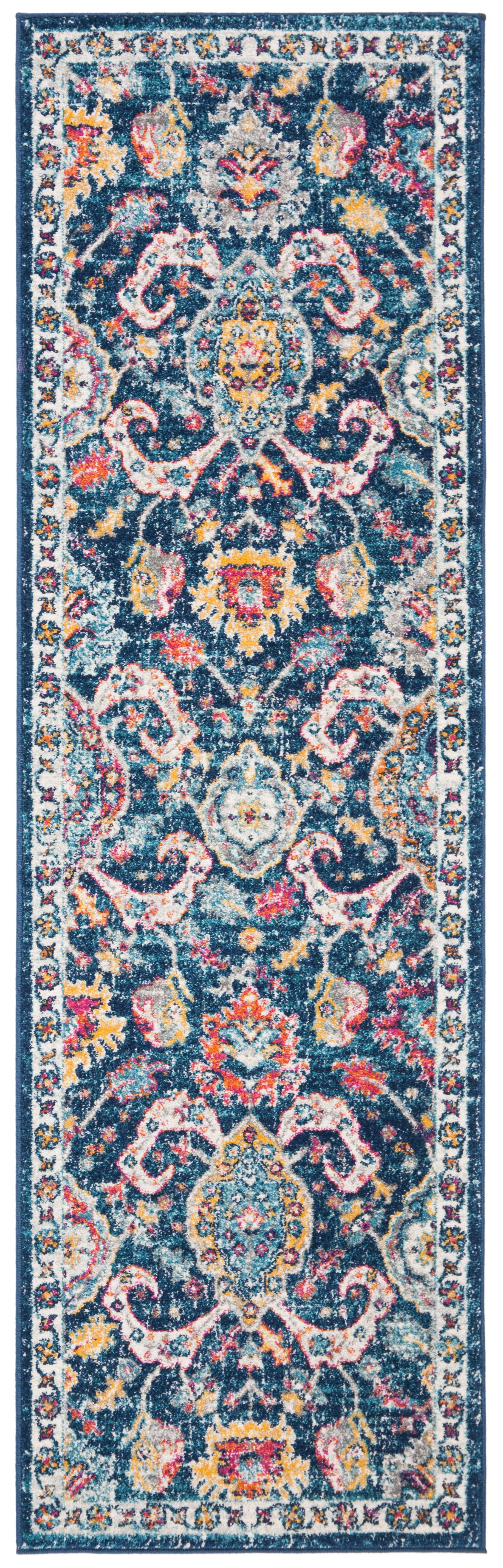 Navy and Fuchsia Floral High Pile Synthetic Runner Rug