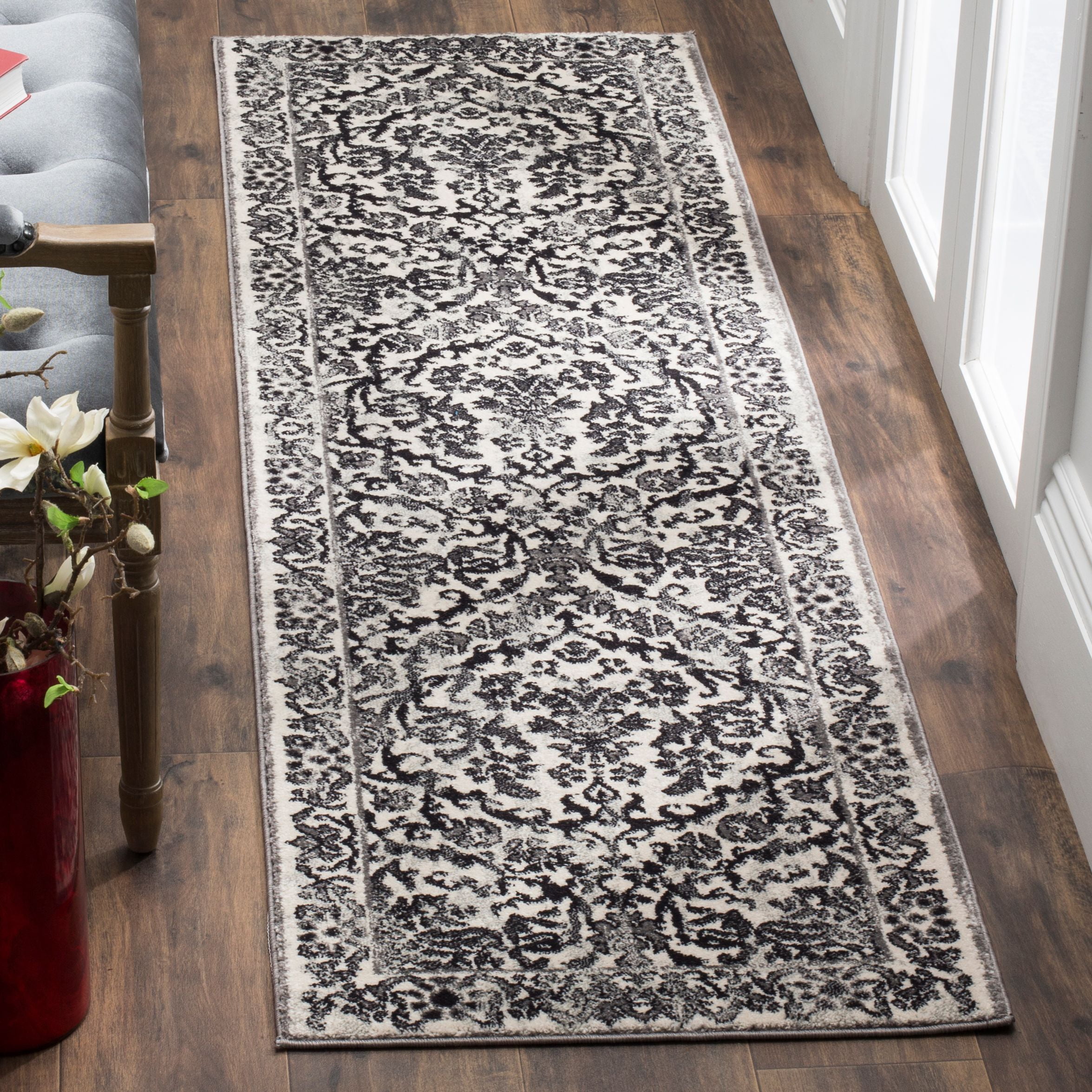 Ivory and Gray Floral Hand-knotted Runner Rug